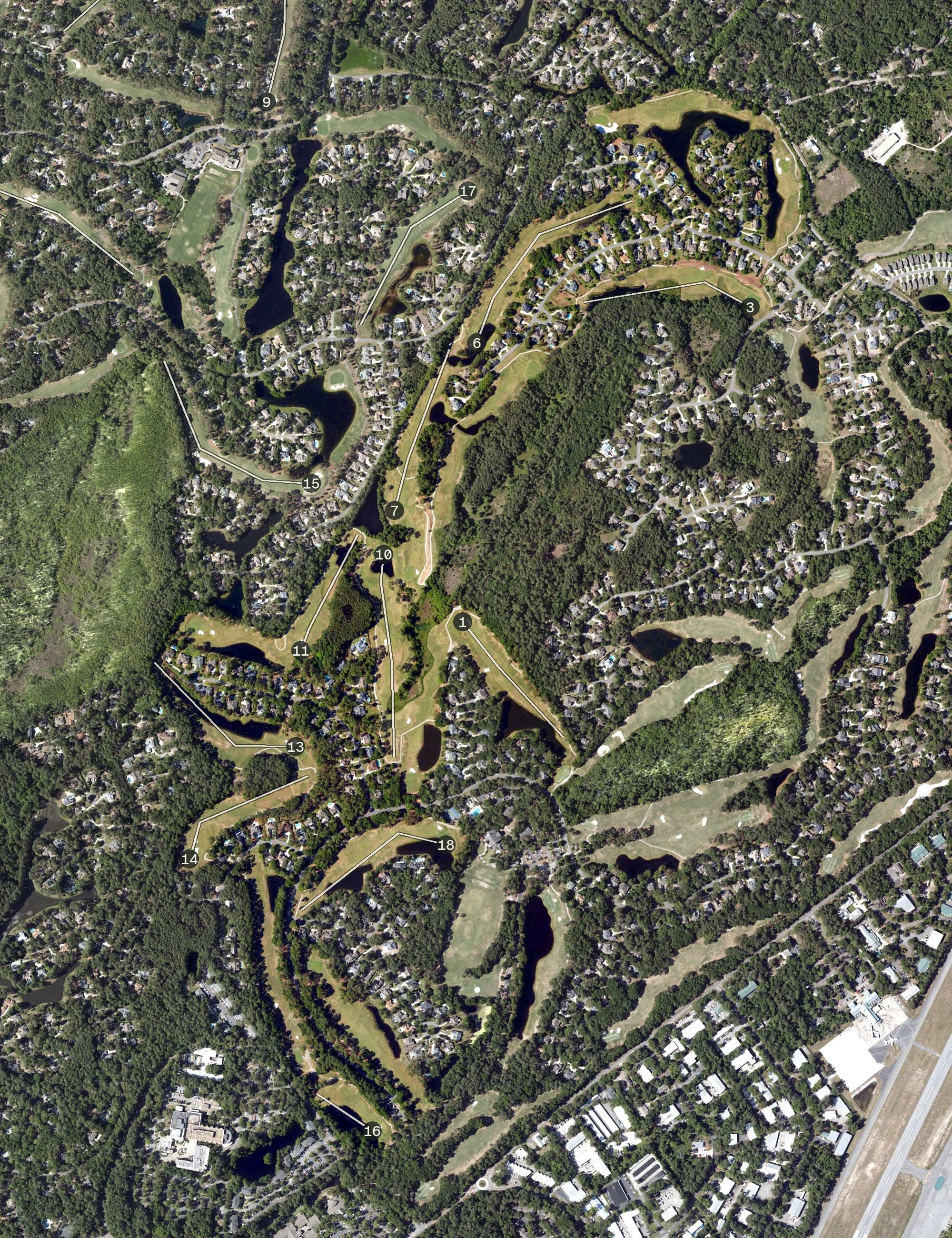 Aerial view of Palmetto Hall - Robert Cupp Golf Course, SC, with its hole routing marked