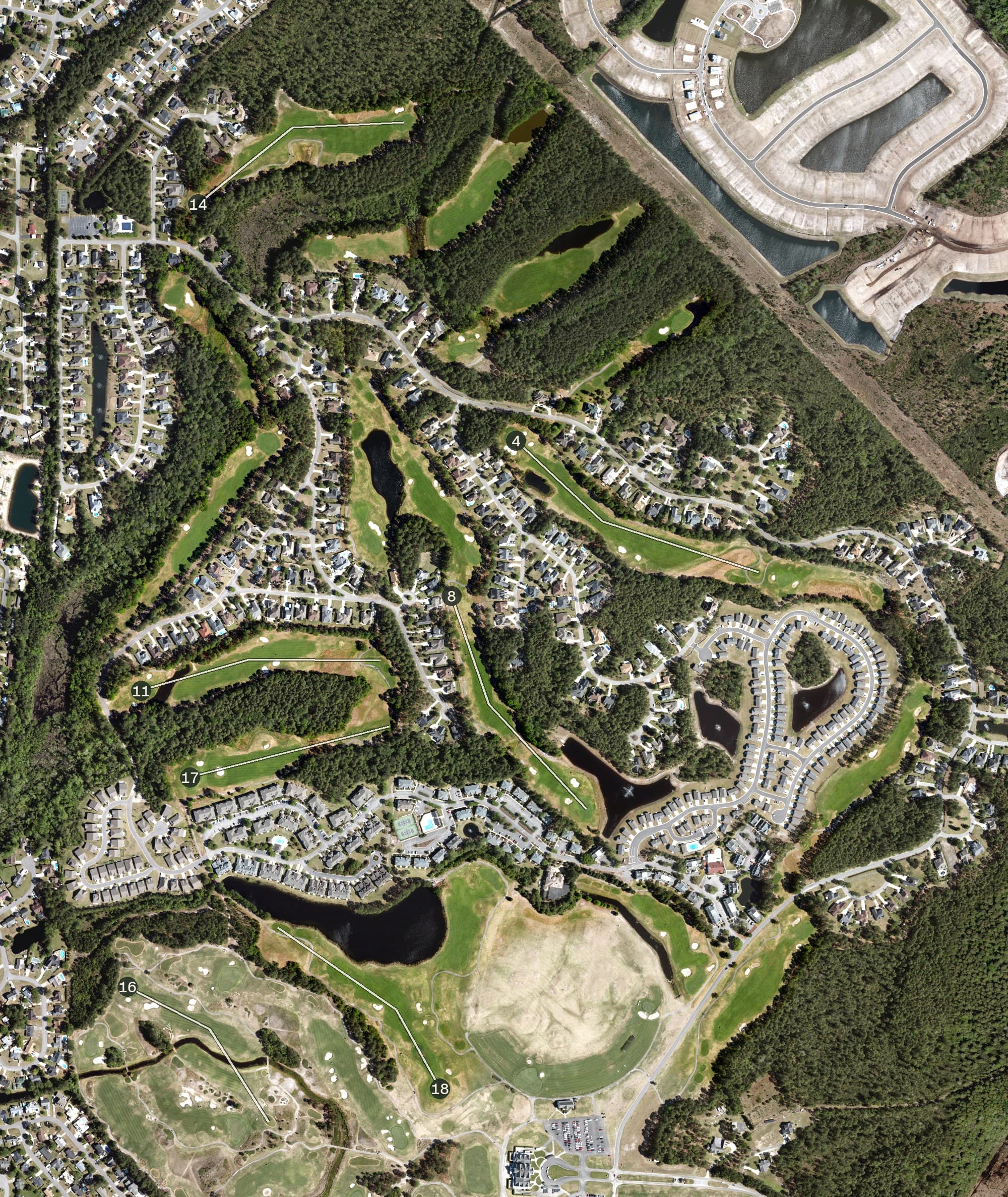 Aerial view of Parkland Golf Course, SC, with its hole routing marked