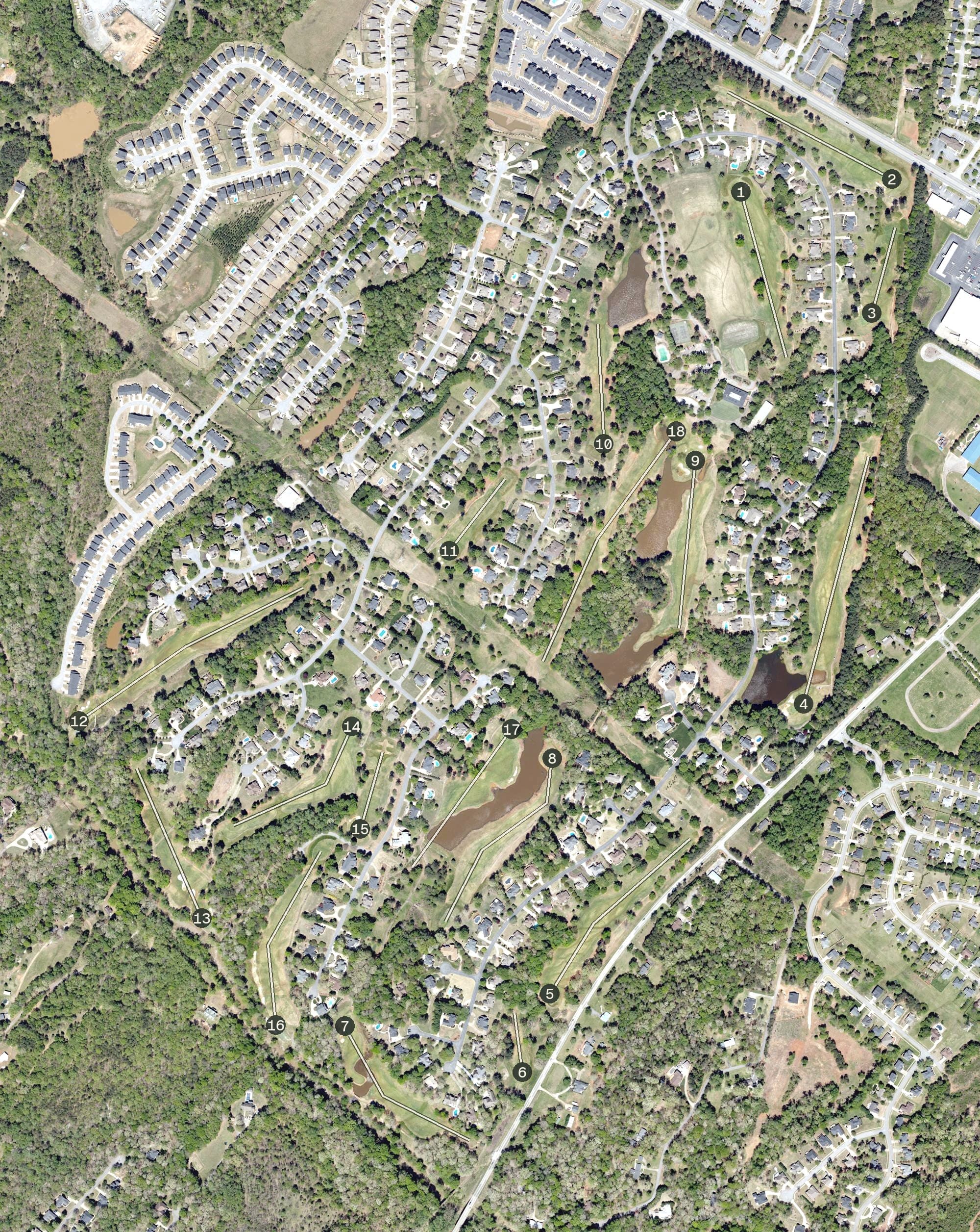 Aerial view of River Falls Plantation, SC, with its hole routing marked