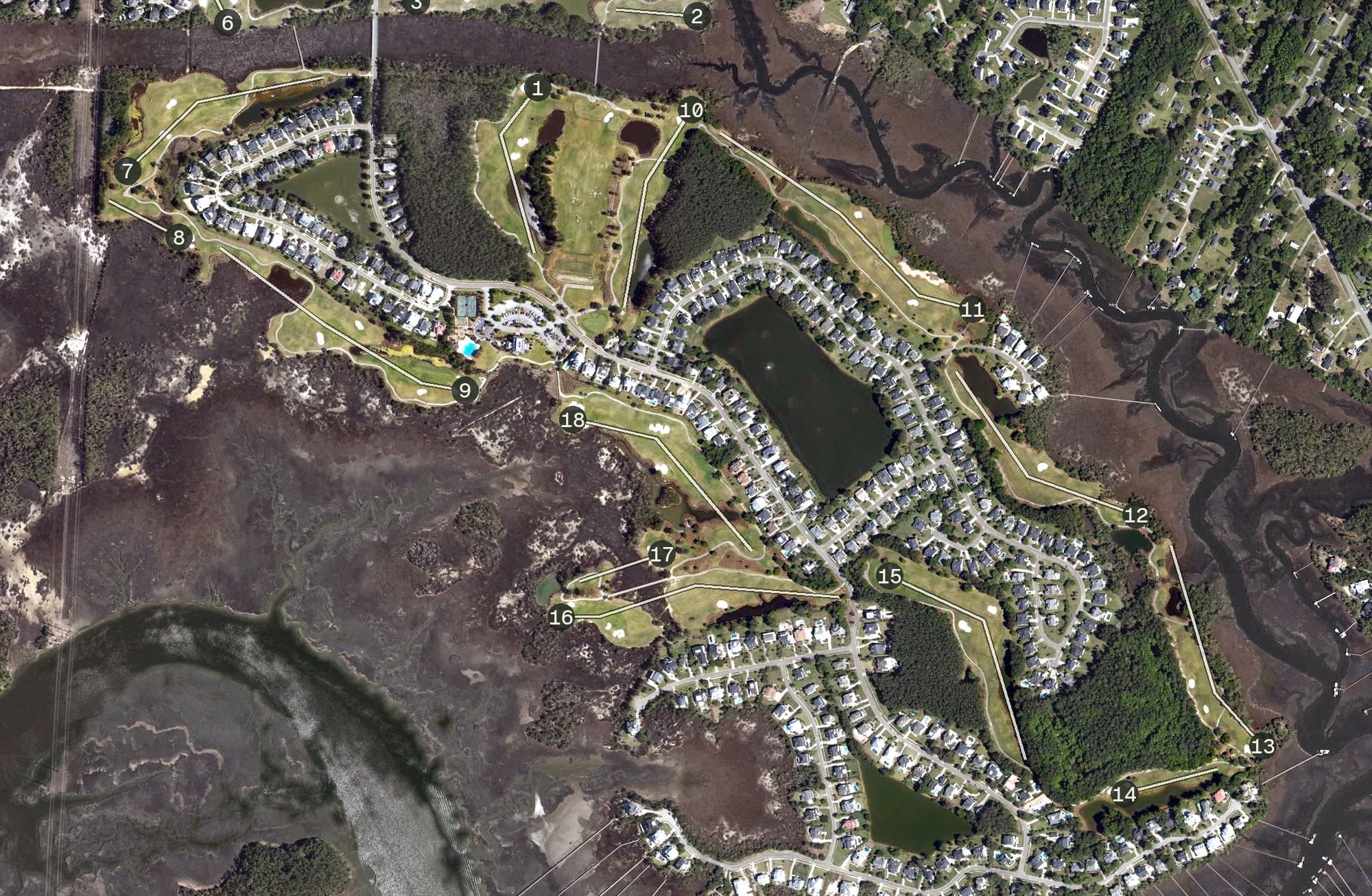 Aerial view of Rivertown Golf Club, SC, with its hole routing marked
