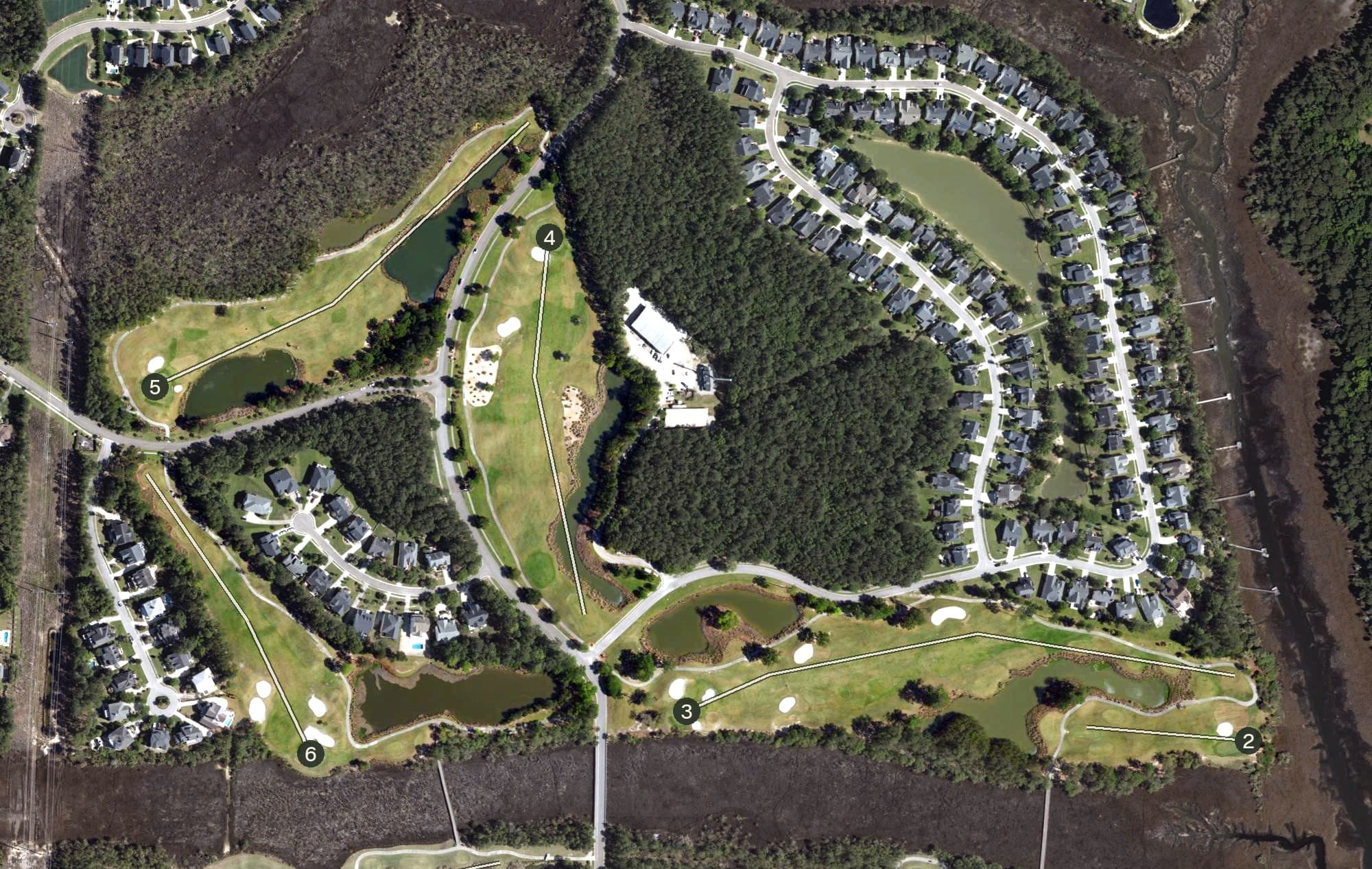 Aerial view of RiverTowne Country Club, SC, with its hole routing marked