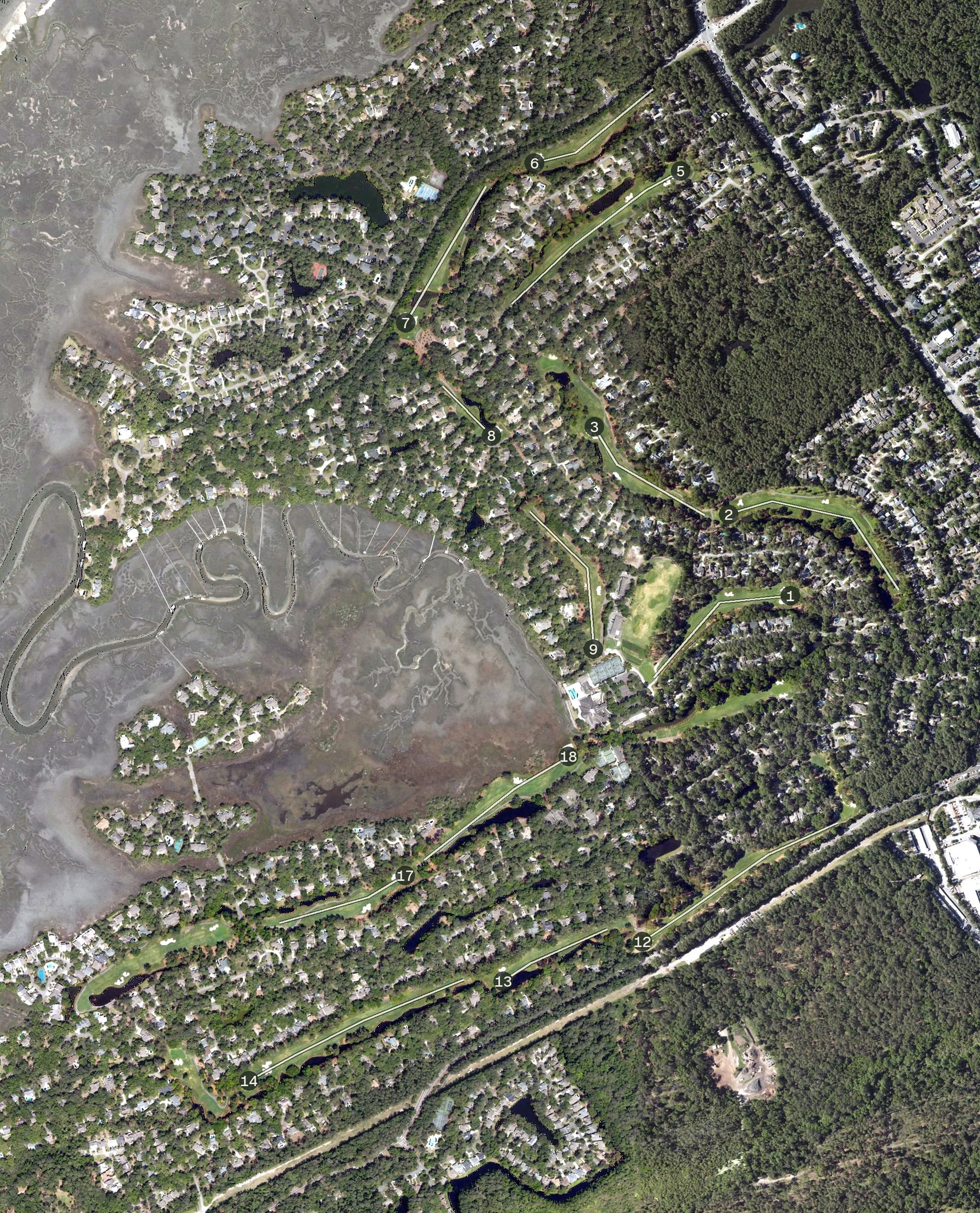 Aerial view of Sea Pines Country Club, SC, with its hole routing marked