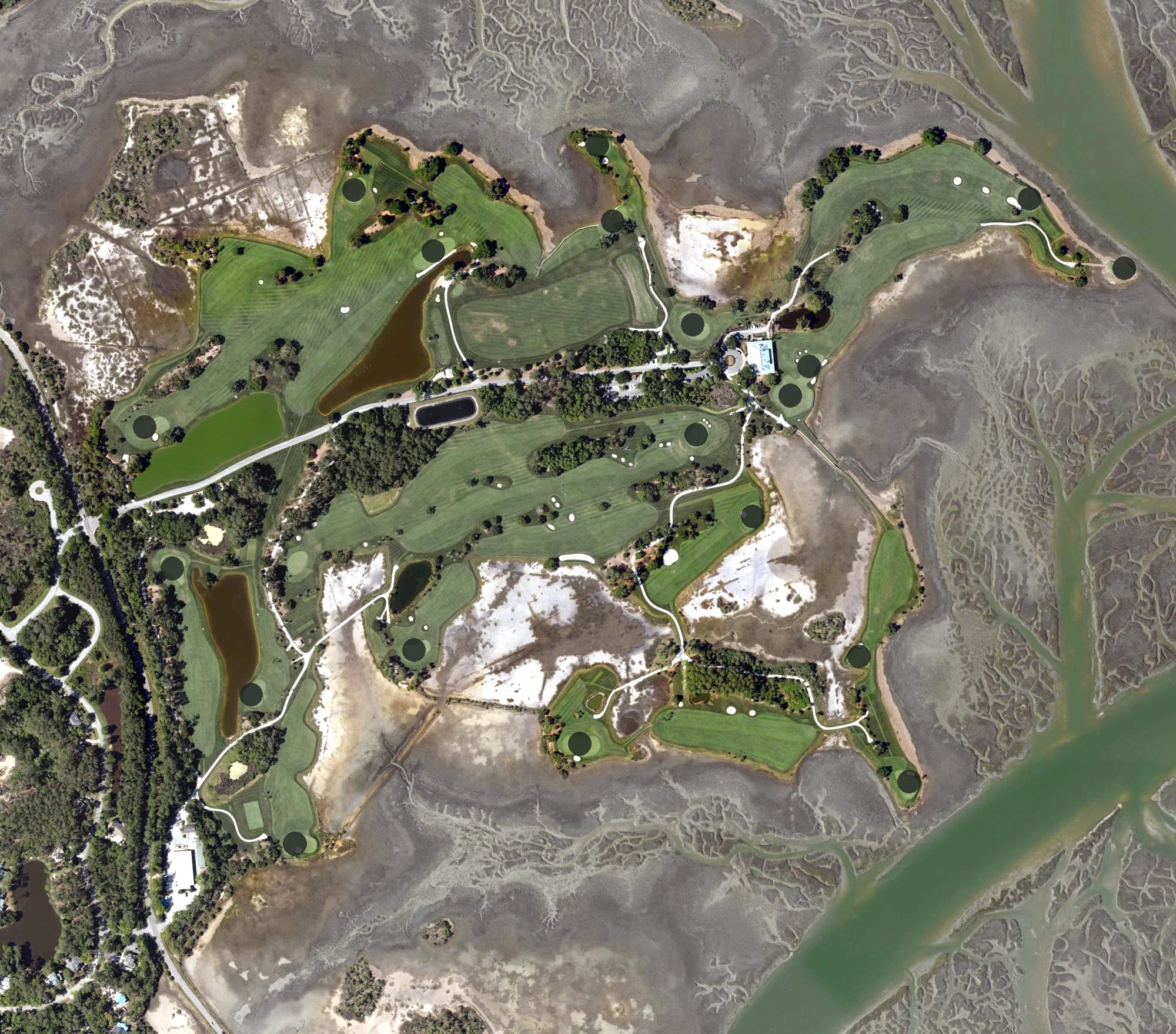 Aerial view of Secession Golf Club, SC, with its hole routing marked