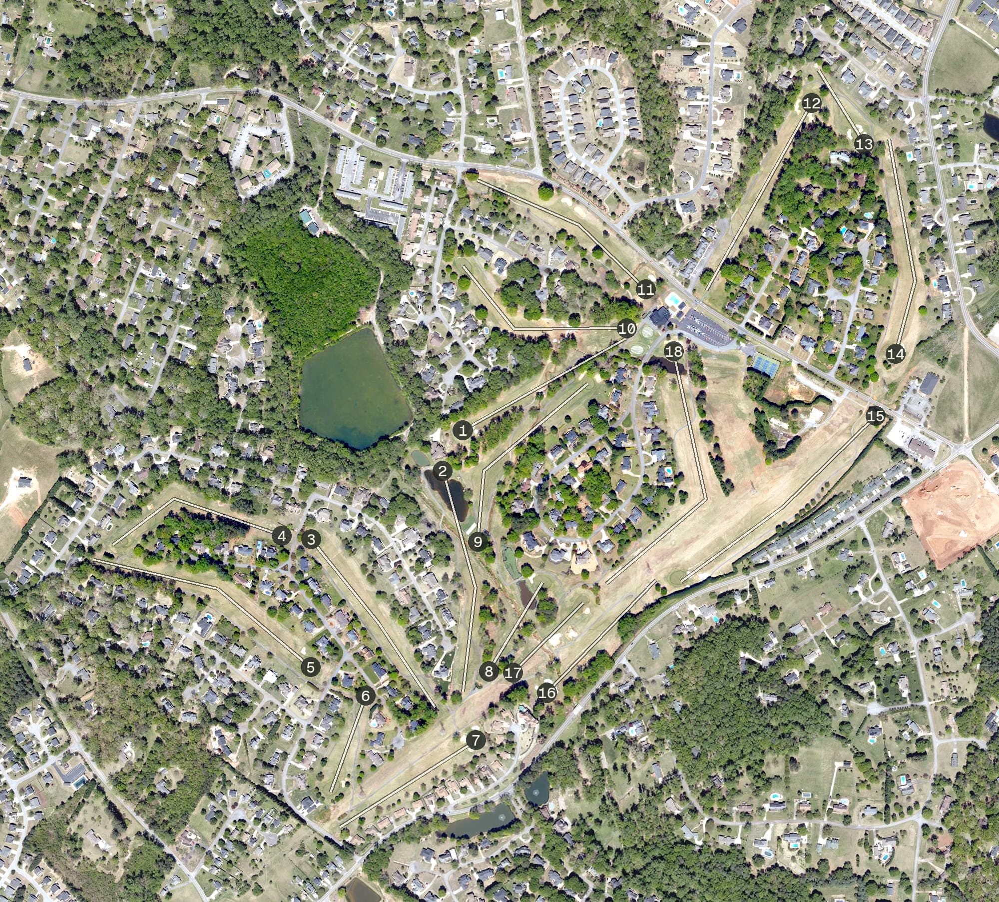 Aerial view of Smithfields Country Club, SC, with its hole routing marked