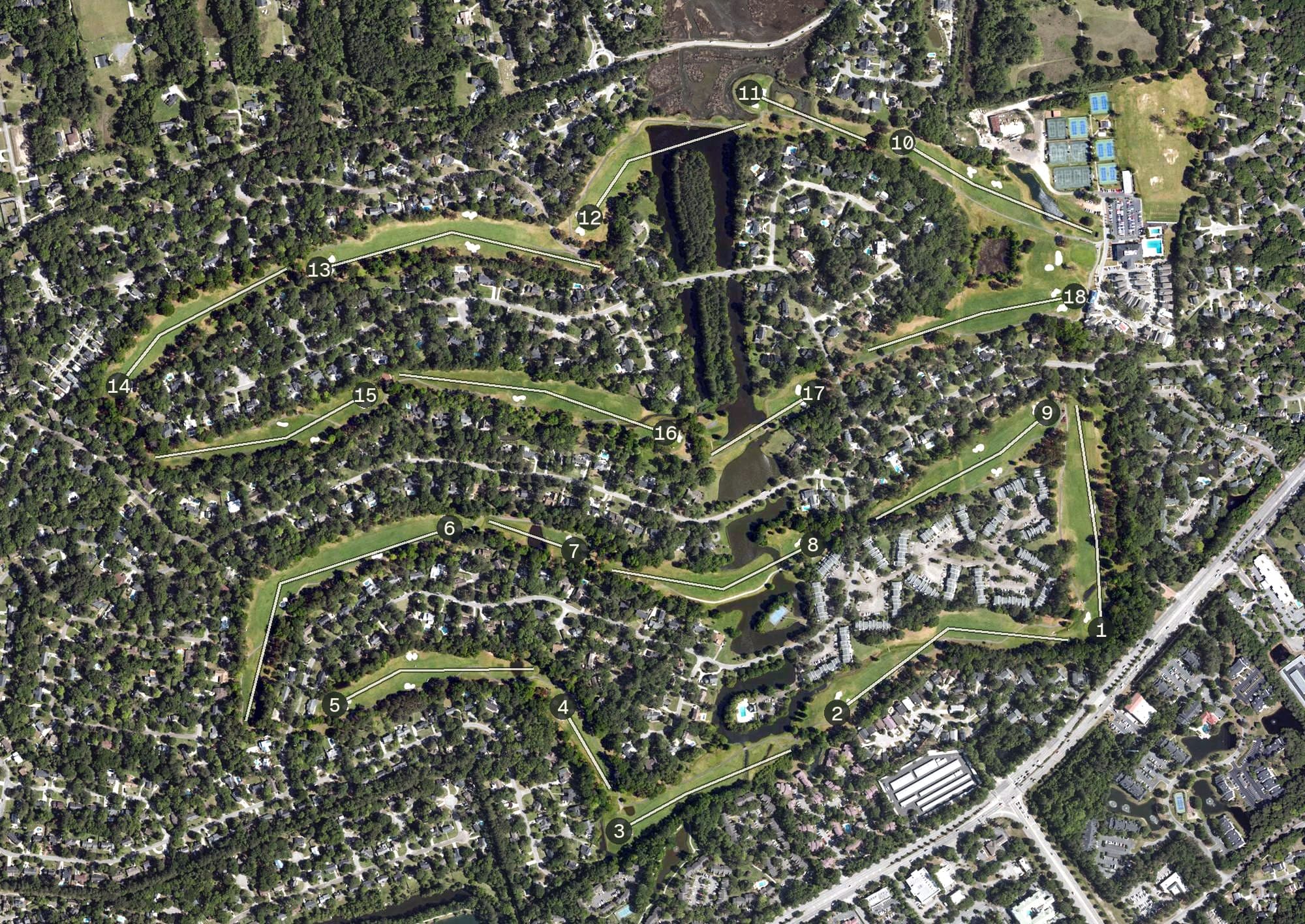 Aerial view of Snee Farm Country Club, SC, with its hole routing marked