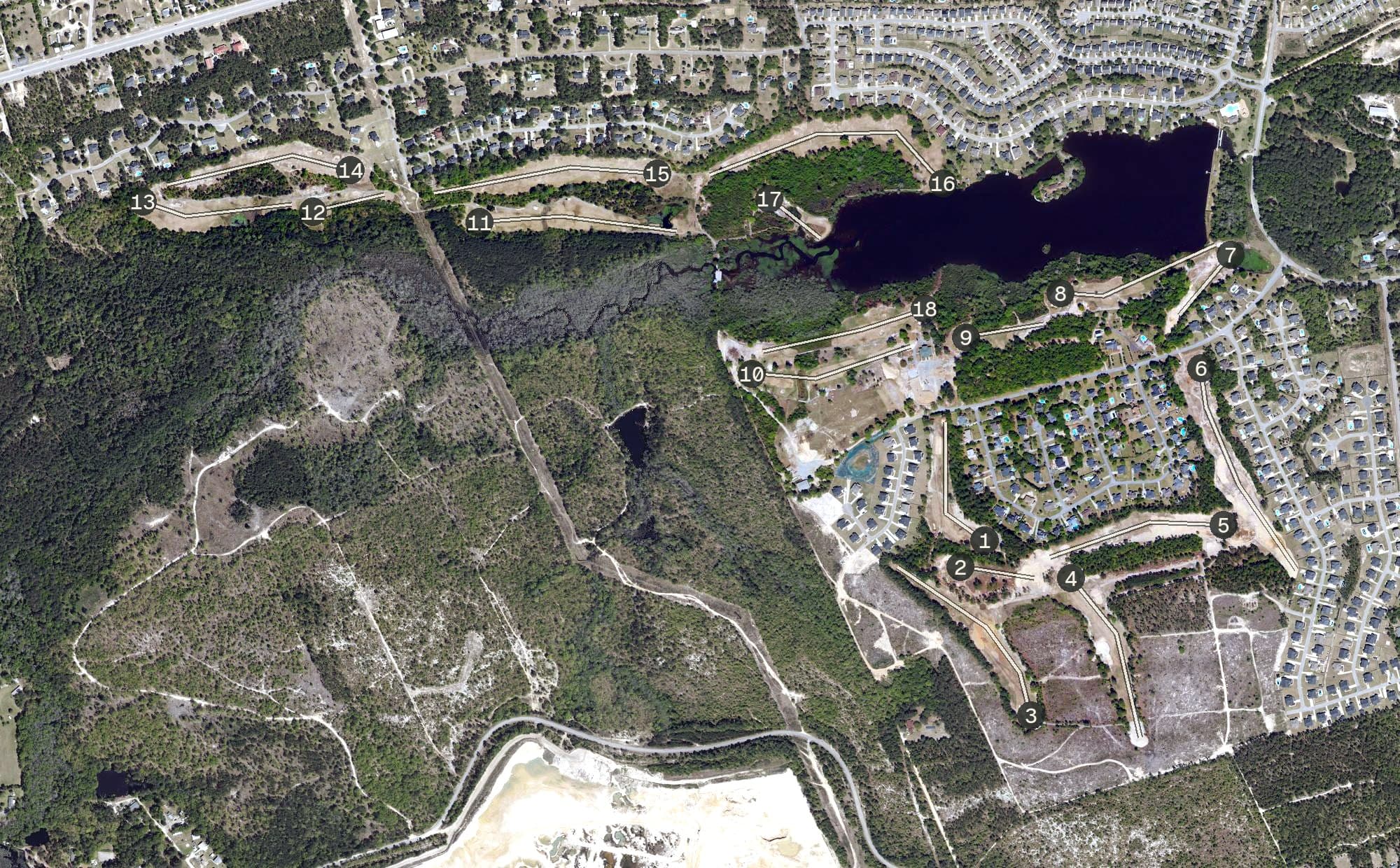 Aerial view of Solina Golf Club, SC, with its hole routing marked