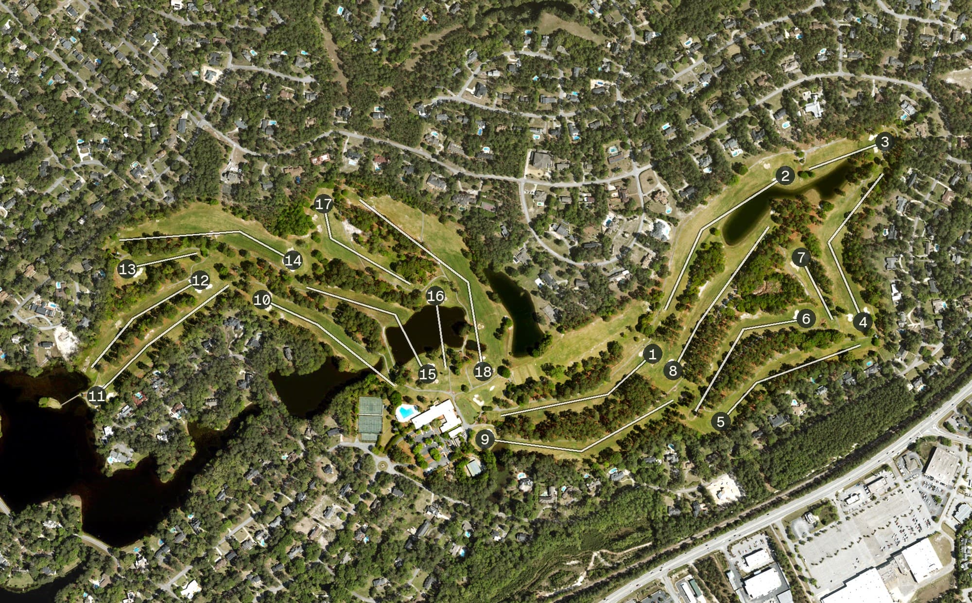 Aerial view of Spring Valley Country Club, SC, with its hole routing marked