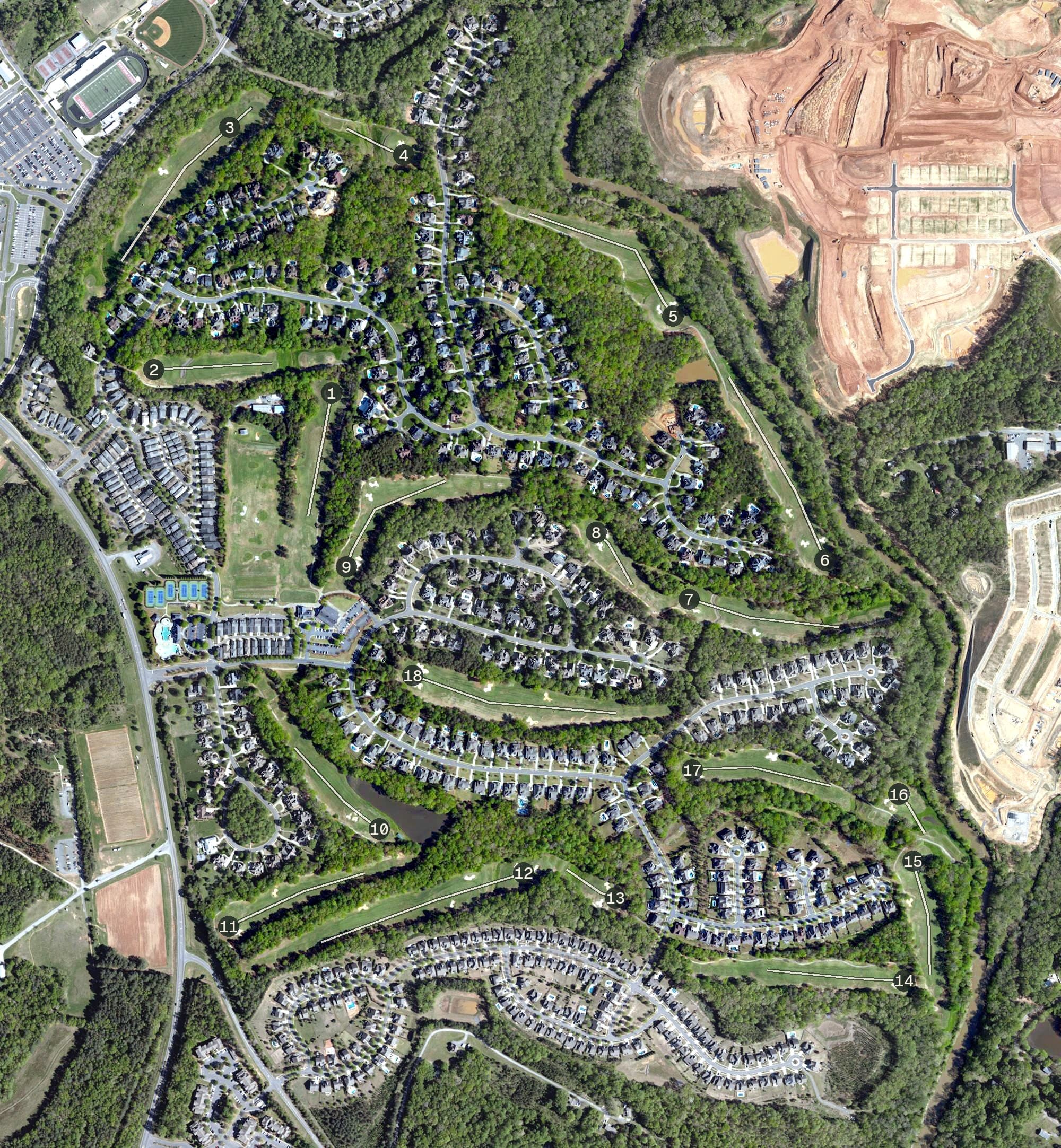 Aerial view of Springfield Golf Club, SC, with its hole routing marked