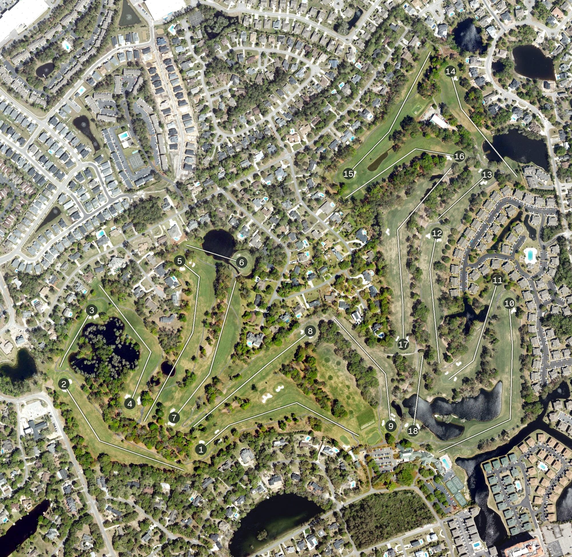 Aerial view of Surf Golf & Beach Club, SC, with its hole routing marked