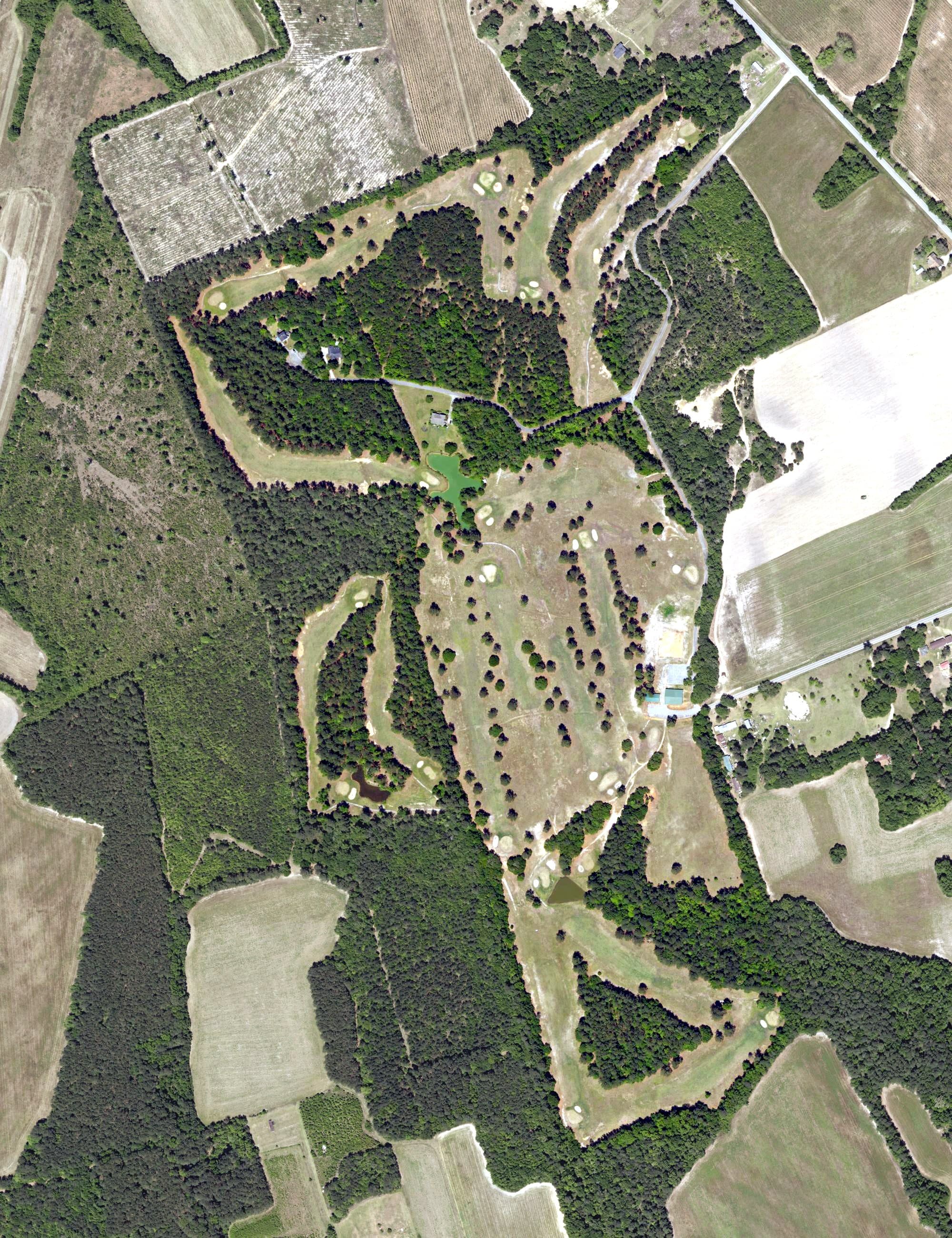 Aerial view of Swamp Fox Golf Club, SC, with its hole routing marked