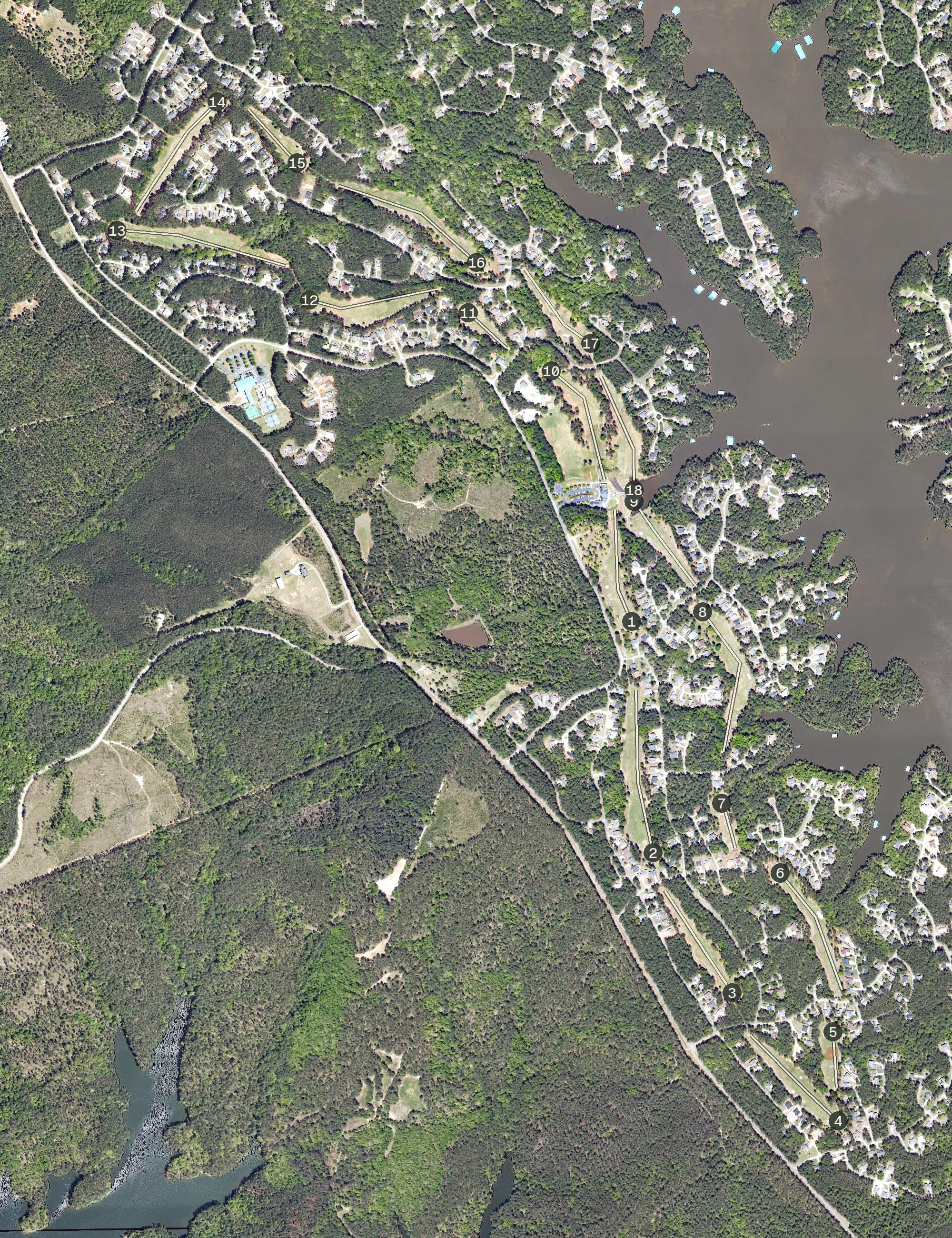Aerial view of Tara Golf Club, SC, with its hole routing marked