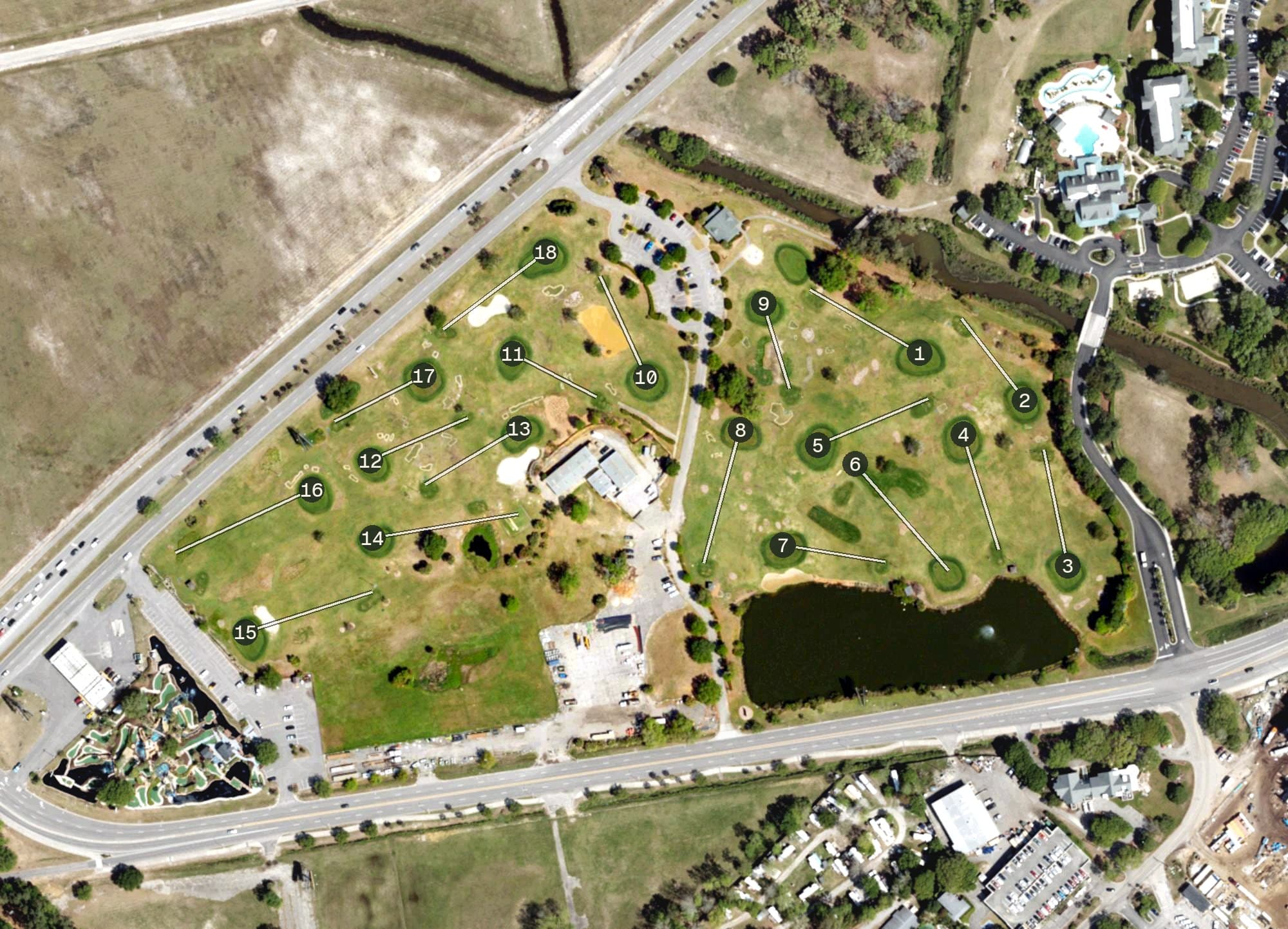 Aerial view of The Aero Club Short Course, SC, with its hole routing marked