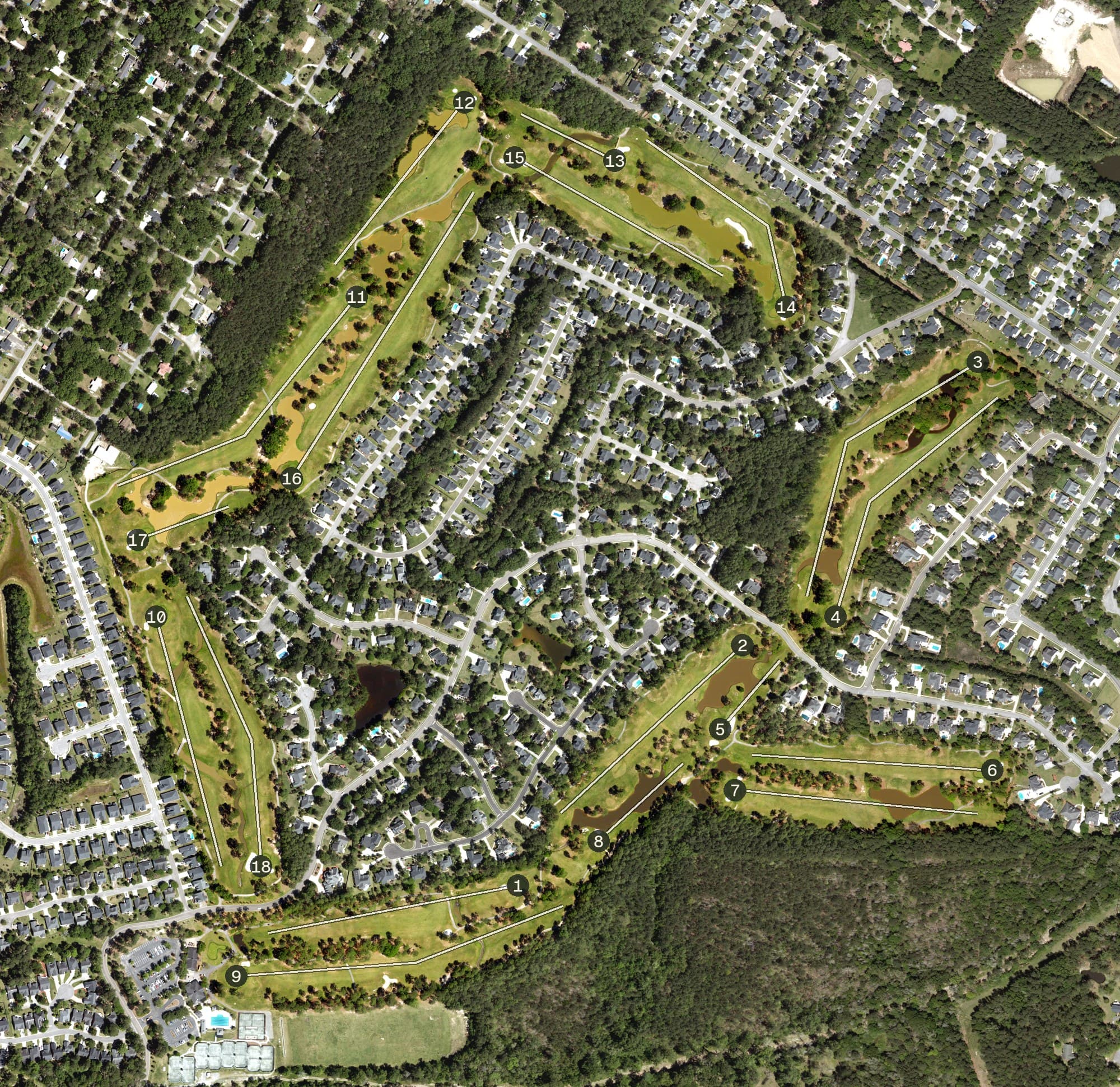 Aerial view of The Club at Pine Forest, SC, with its hole routing marked
