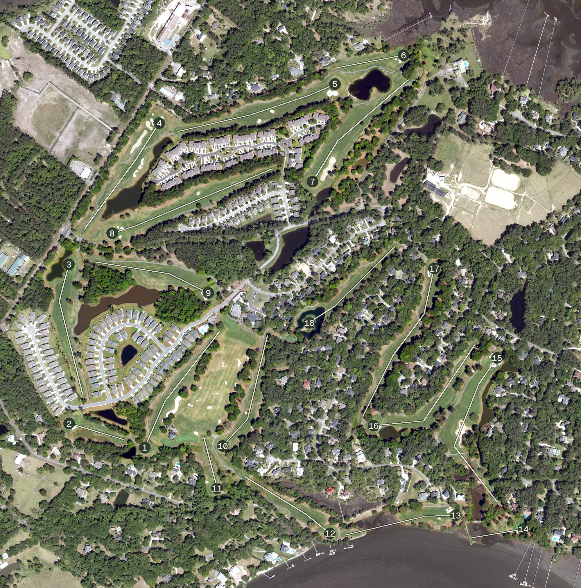 Aerial view of The Links at Stono Ferry, SC, with its hole routing marked