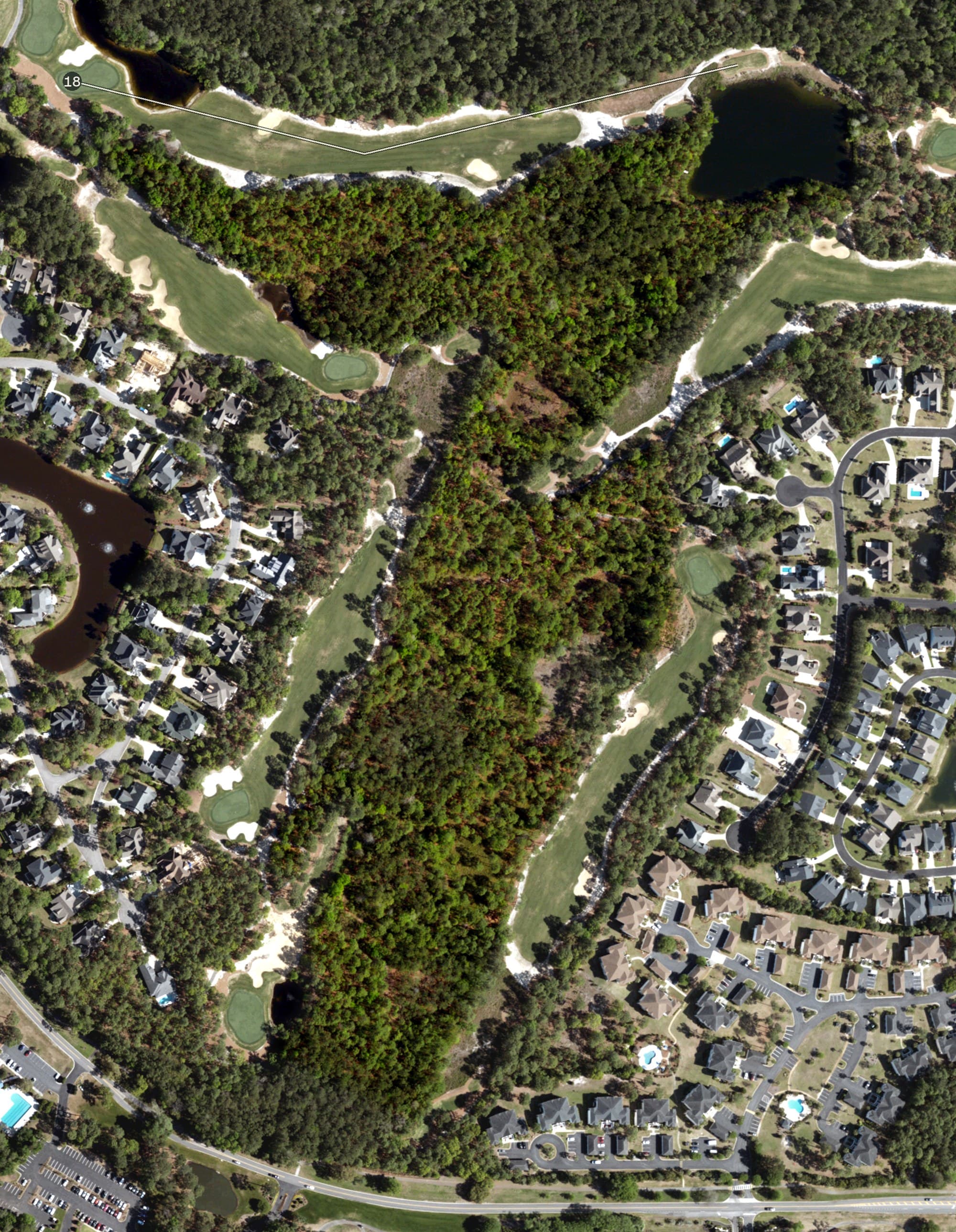 Aerial view of The Reserve Golf Club, SC, with its hole routing marked