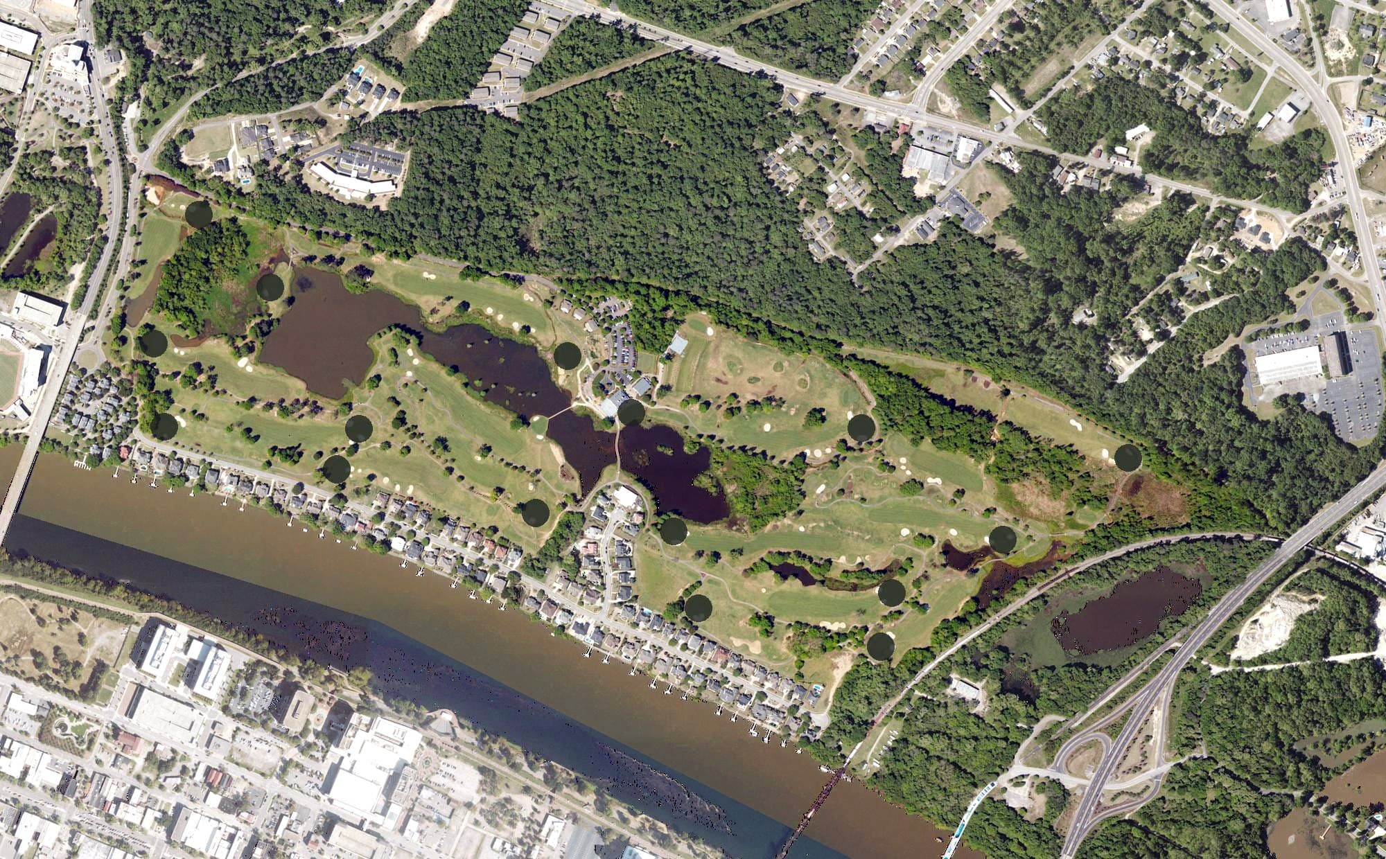 Aerial view of The River Golf Club, SC, with its hole routing marked