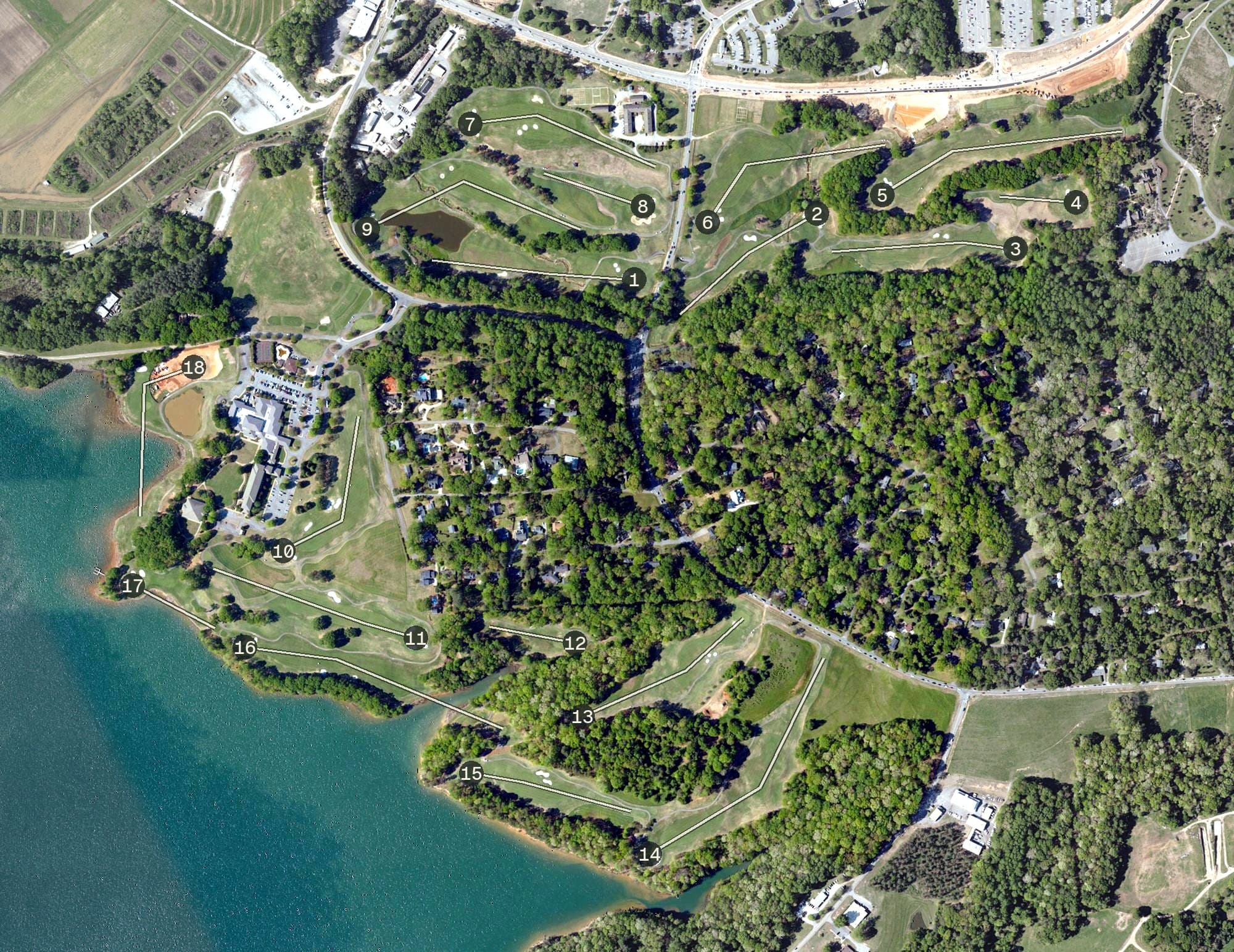 Aerial view of The Walker Course at Clemson University, SC, with its hole routing marked