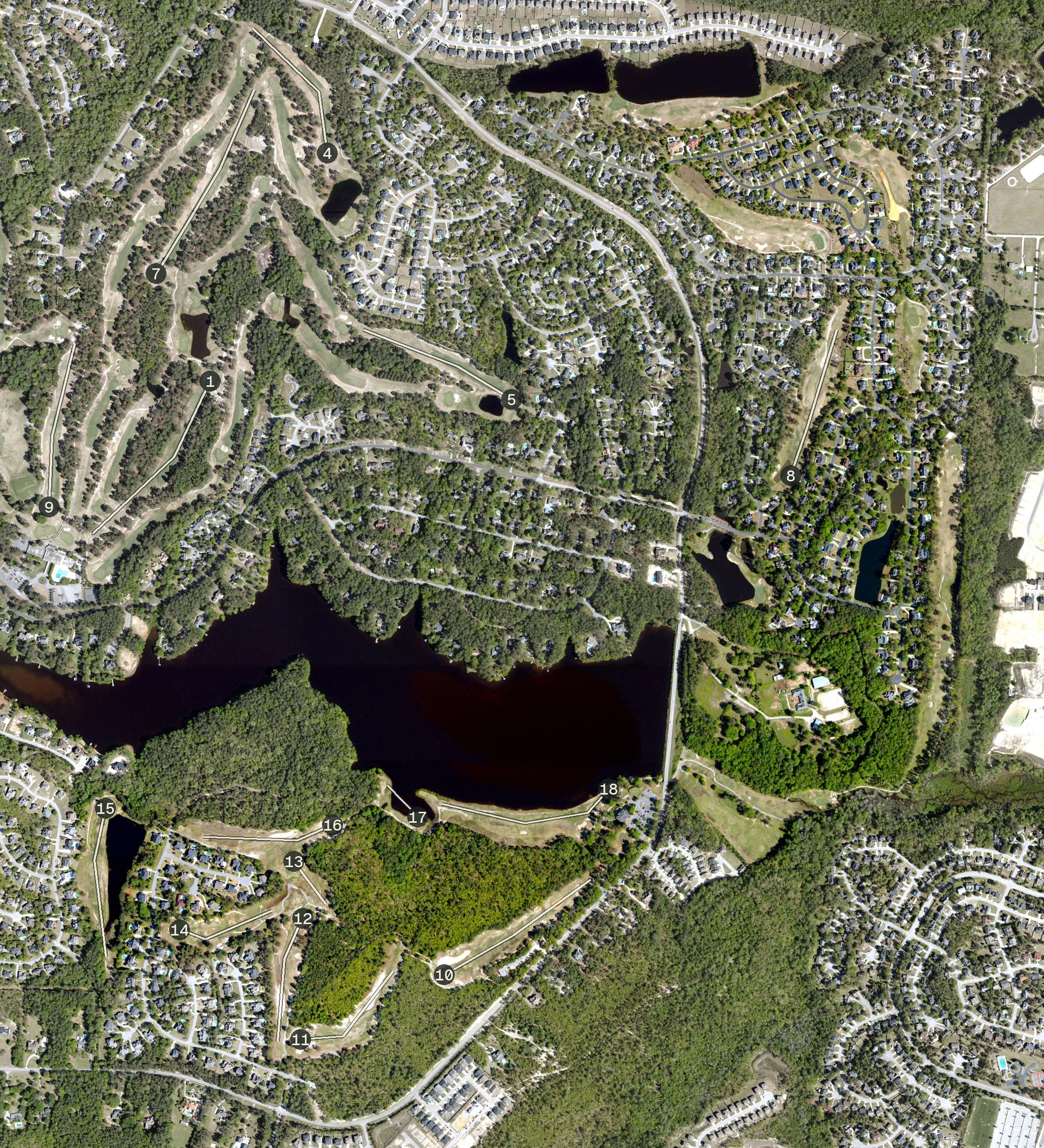 Aerial view of The Windermere Club, SC, with its hole routing marked