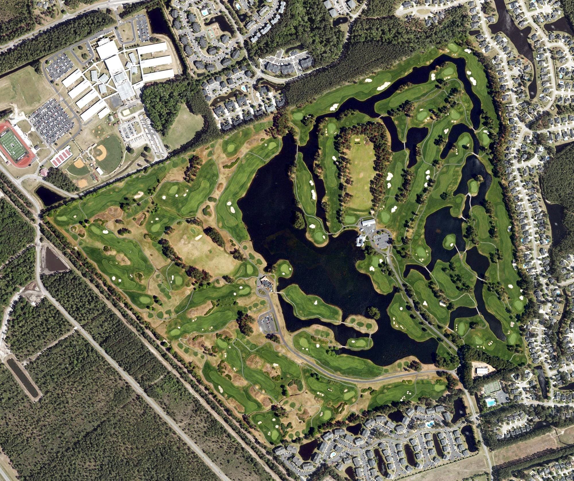 Aerial view of The Wizard / Man O' War Golf Course, SC, with its hole routing marked