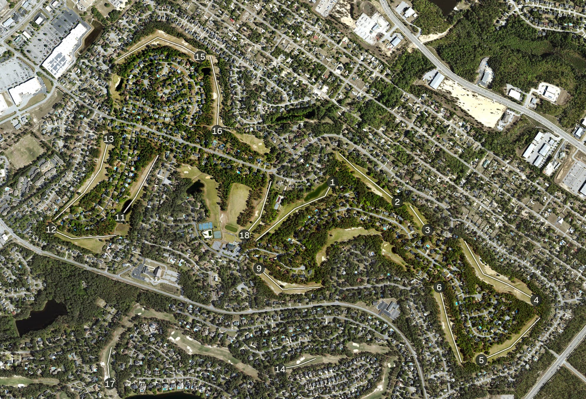 Aerial view of The Woodlands Golf & Country Club, SC, with its hole routing marked