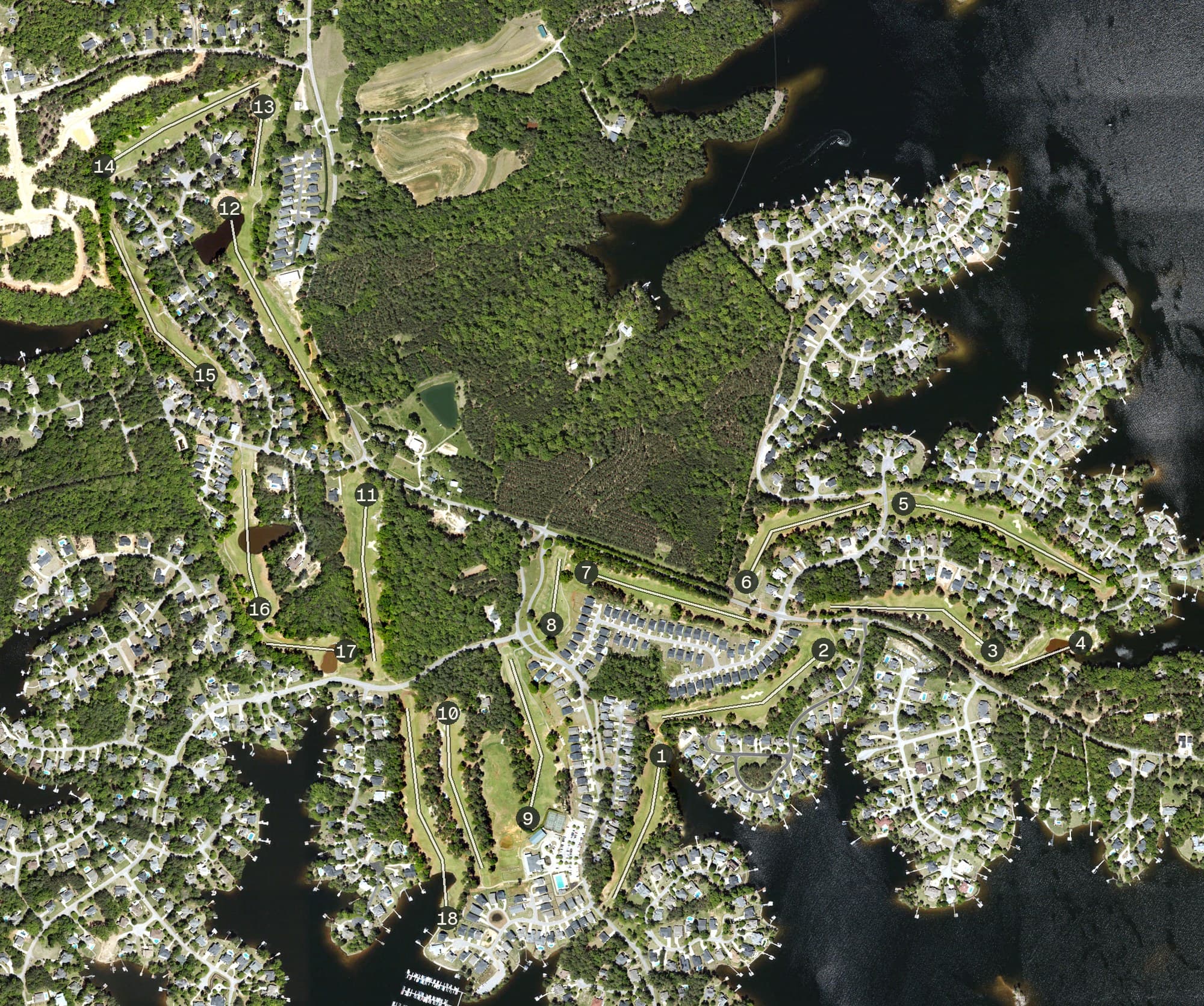 Aerial view of Timberlake Country Club, SC, with its hole routing marked