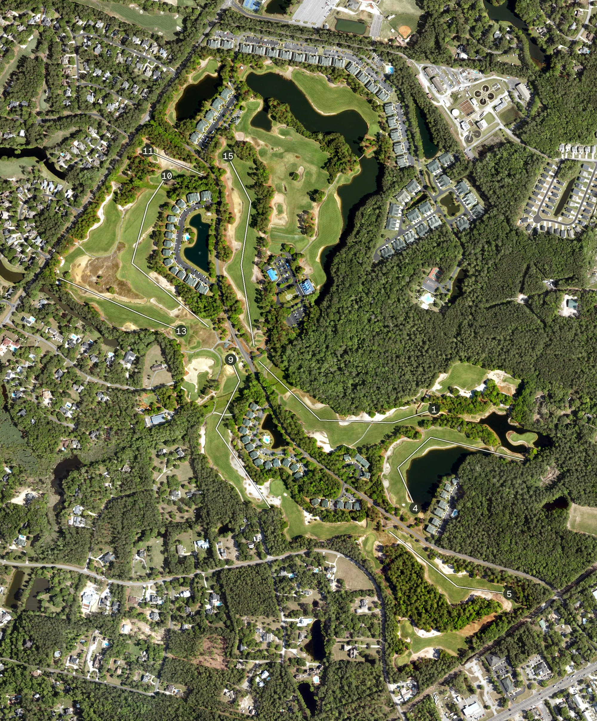 Aerial view of True Blue Golf Plantation, SC, with its hole routing marked