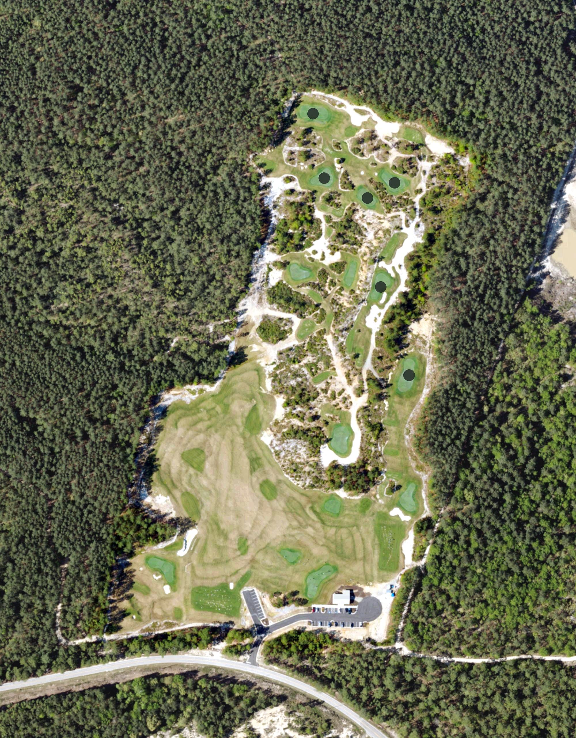 Aerial view of USC Aiken Golf Practice Facility, SC, with its hole routing marked