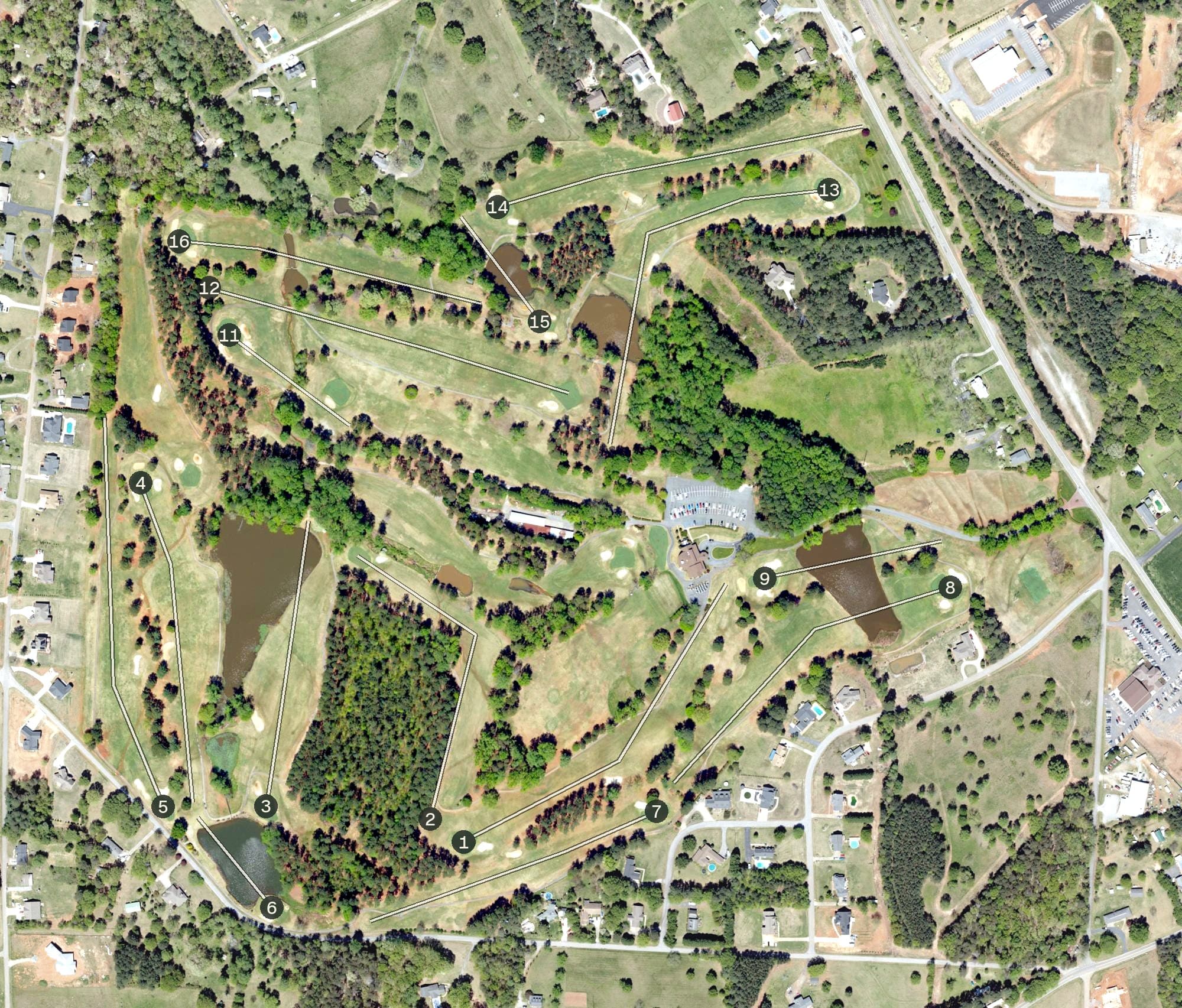 Aerial view of Village Greens Golf Club, SC, with its hole routing marked