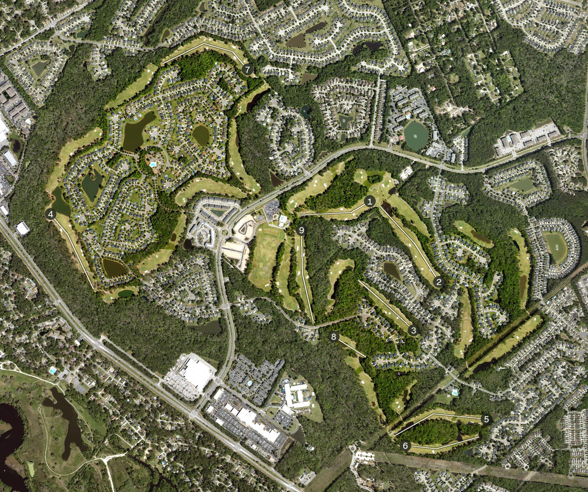 Aerial view of Wescott Golf Club, SC, with its hole routing marked