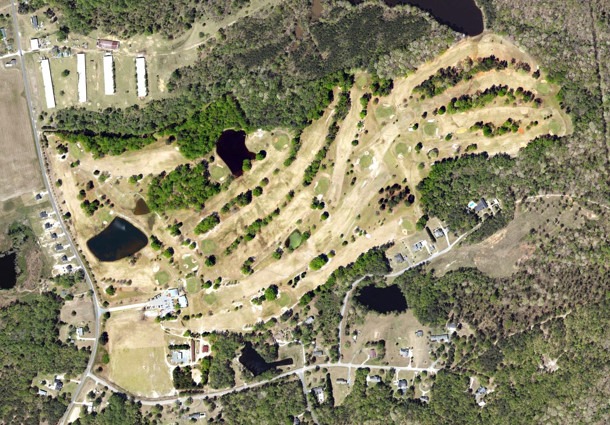 Aerial view of White Plains Country Club, SC, with its hole routing marked