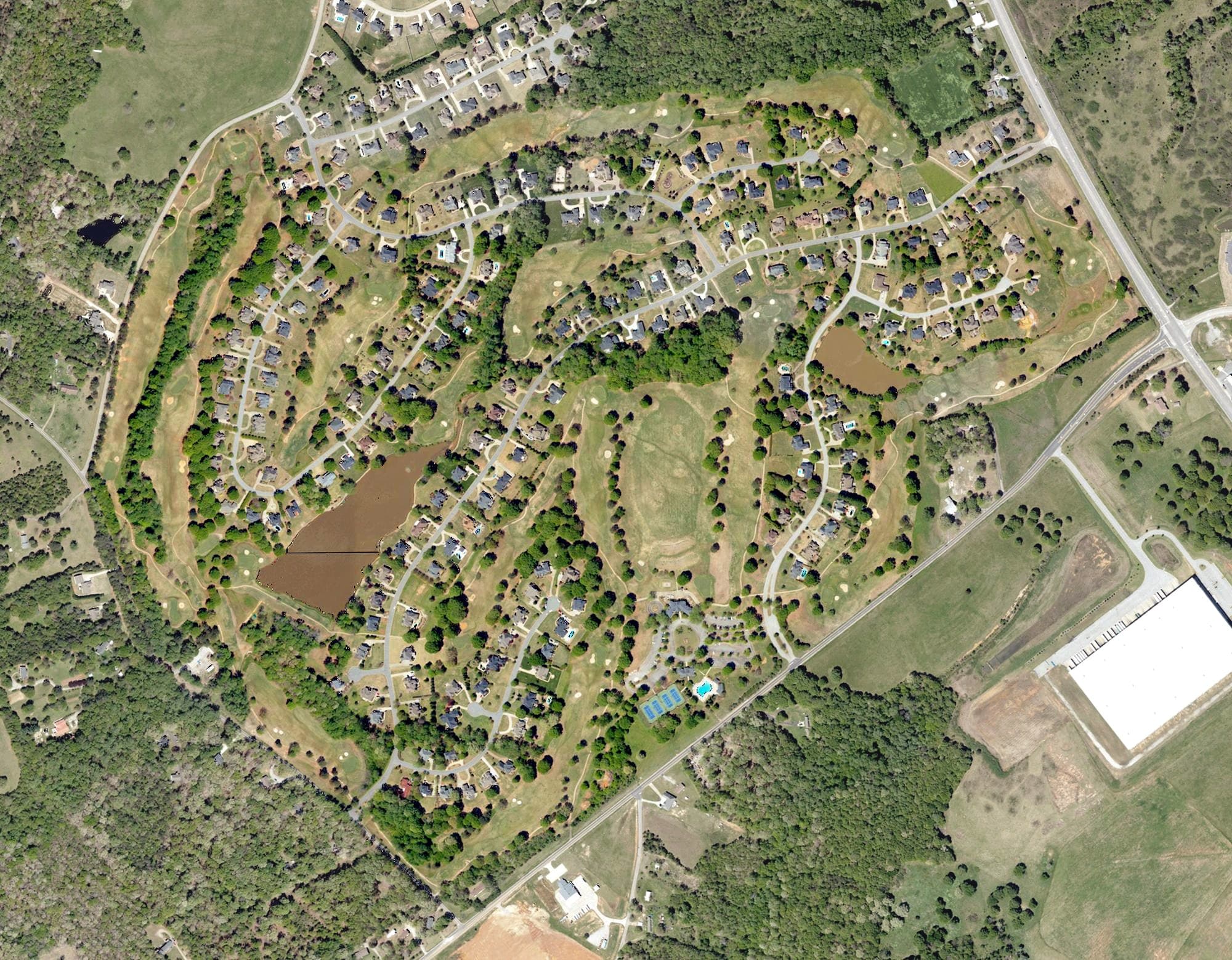 Aerial view of Willow Creek Golf Club, SC, with its hole routing marked