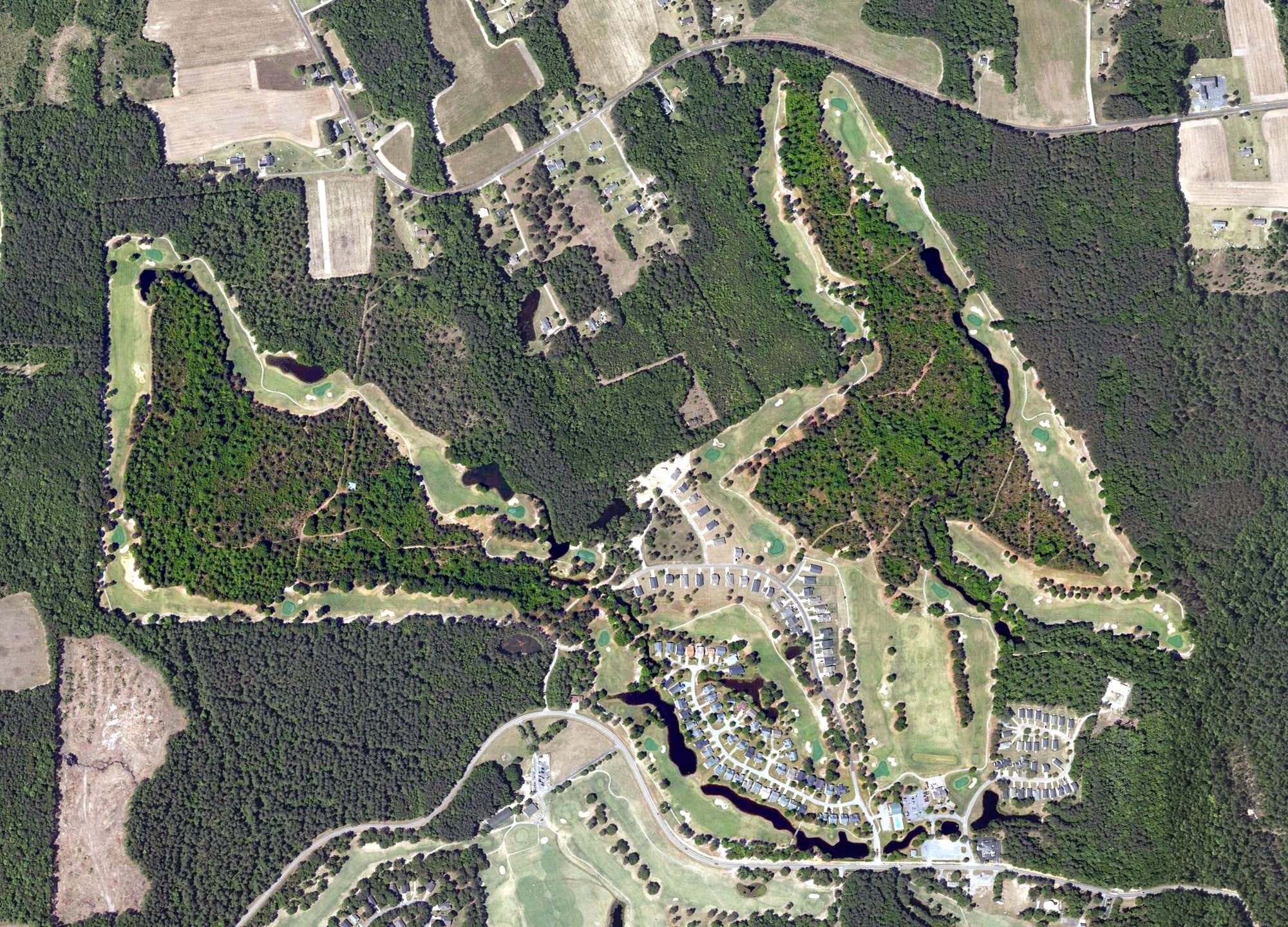 Aerial view of Wyboo Golf Club, SC, with its hole routing marked