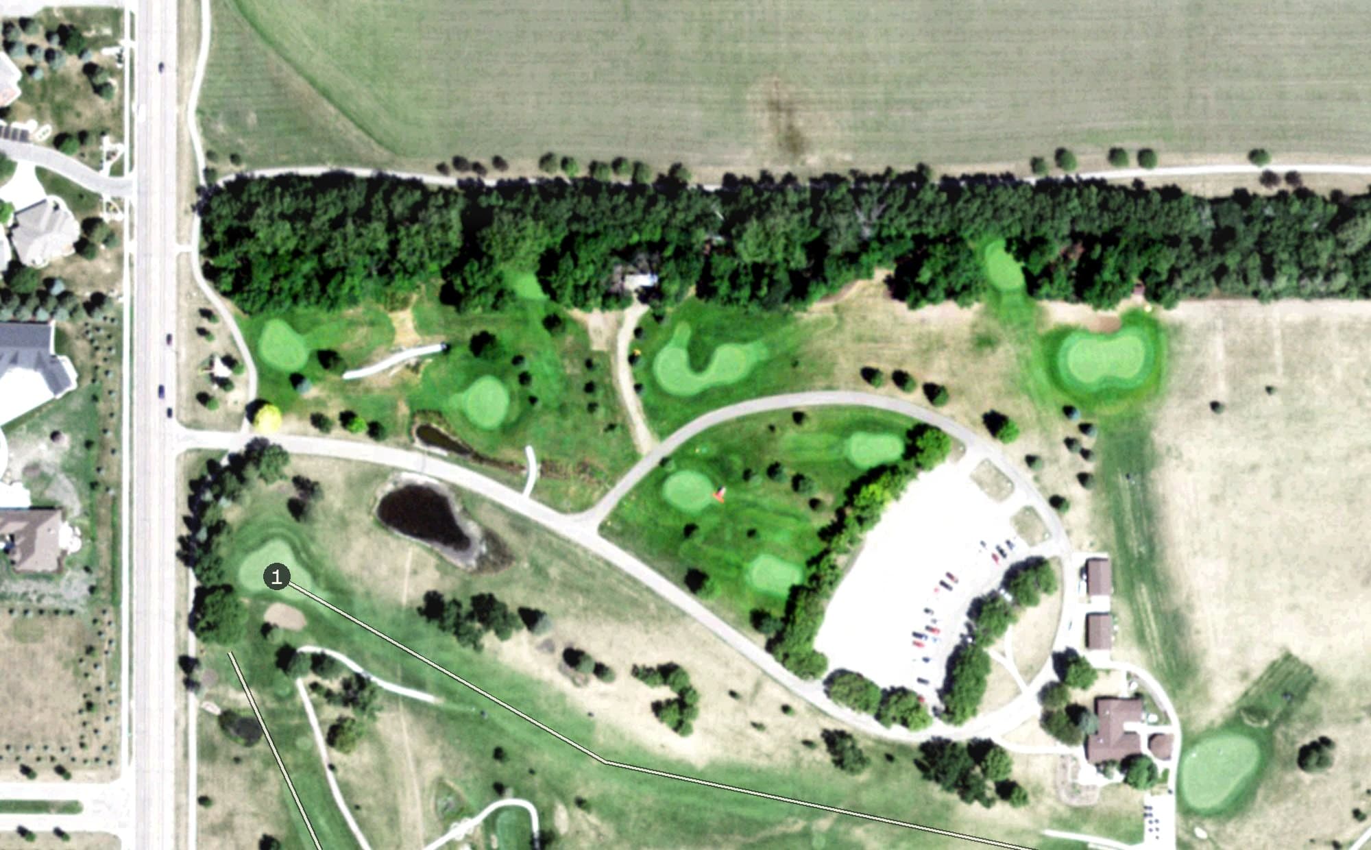 Aerial view of 9-Hole Short/Executive Course, SD, with its hole routing marked
