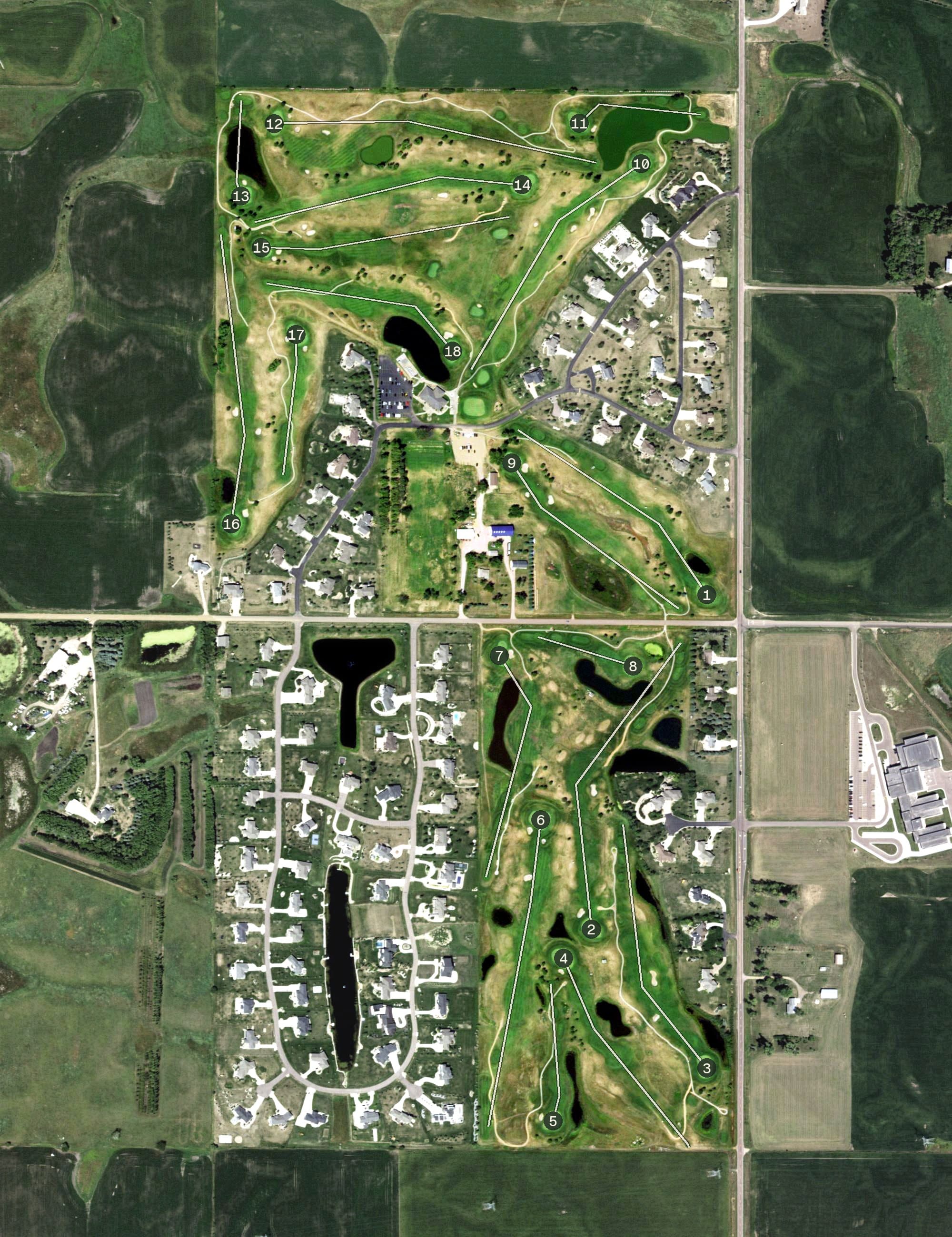 Aerial view of Bakker Crossing Championship Golf Course, SD, with its hole routing marked
