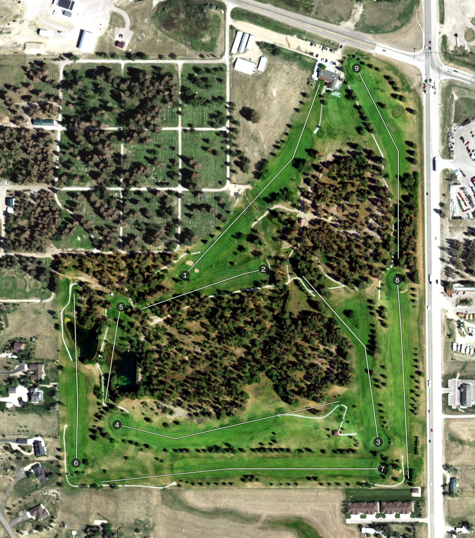 Aerial view of Belle Fourche Country Club, SD, with its hole routing marked