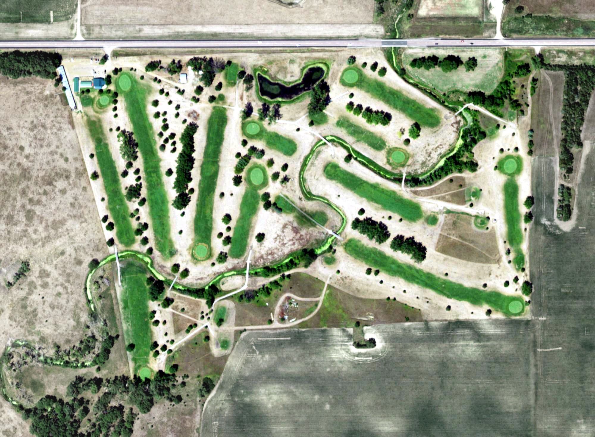 Aerial view of Bon Homme Golf Course, SD, with its hole routing marked