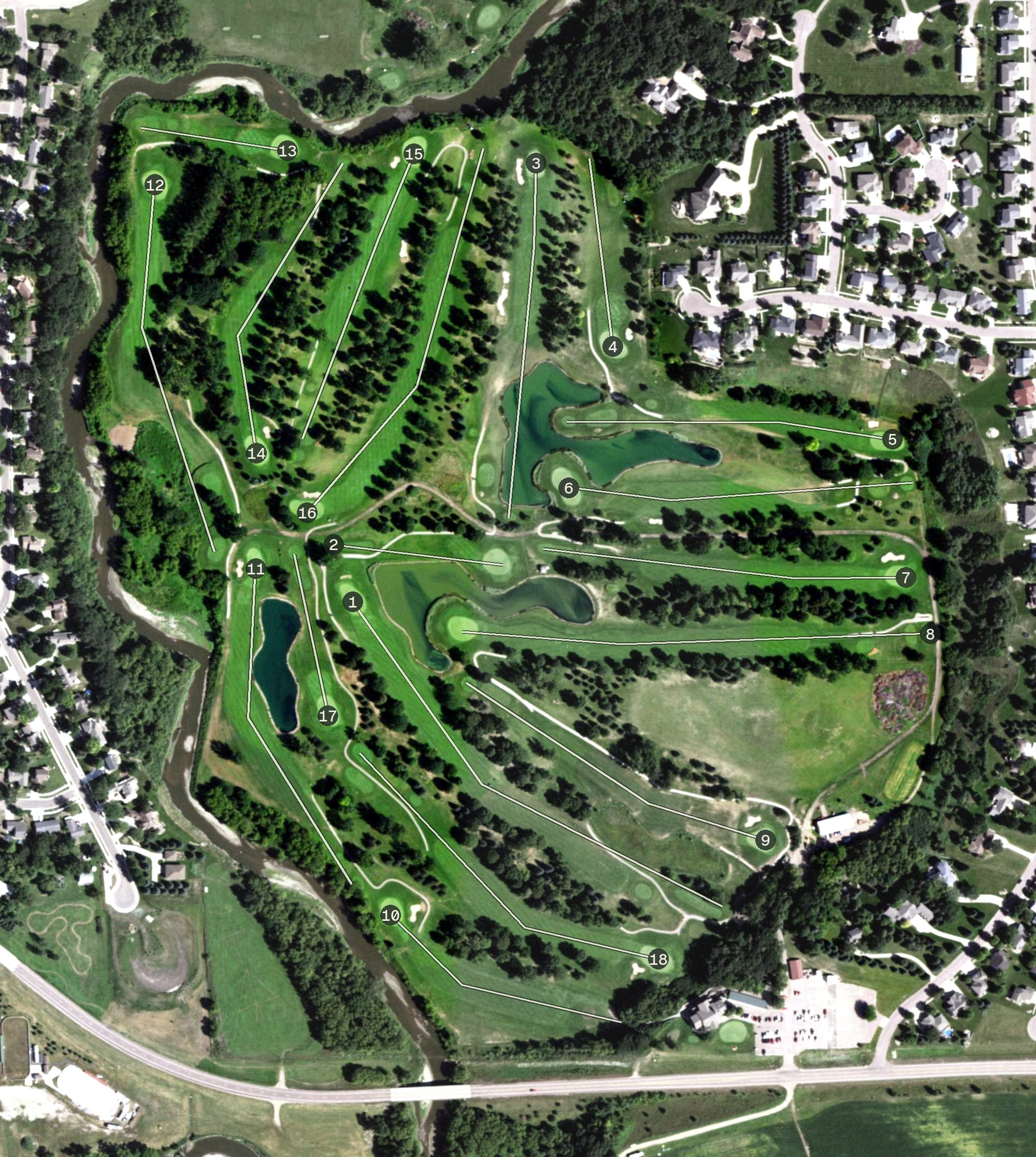 Aerial view of Brandon Golf Course, SD, with its hole routing marked
