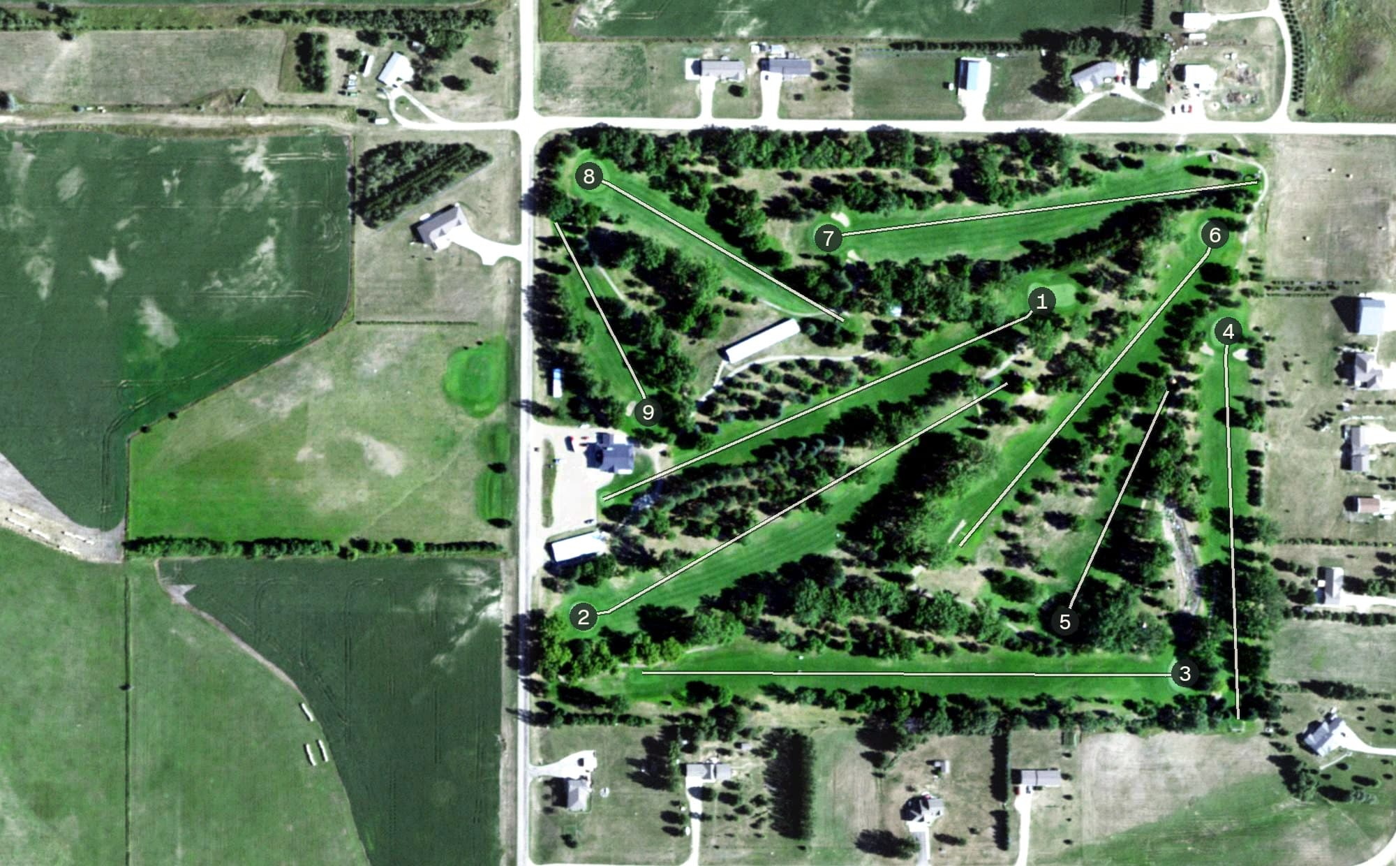 Aerial view of Britton Country Club, SD, with its hole routing marked