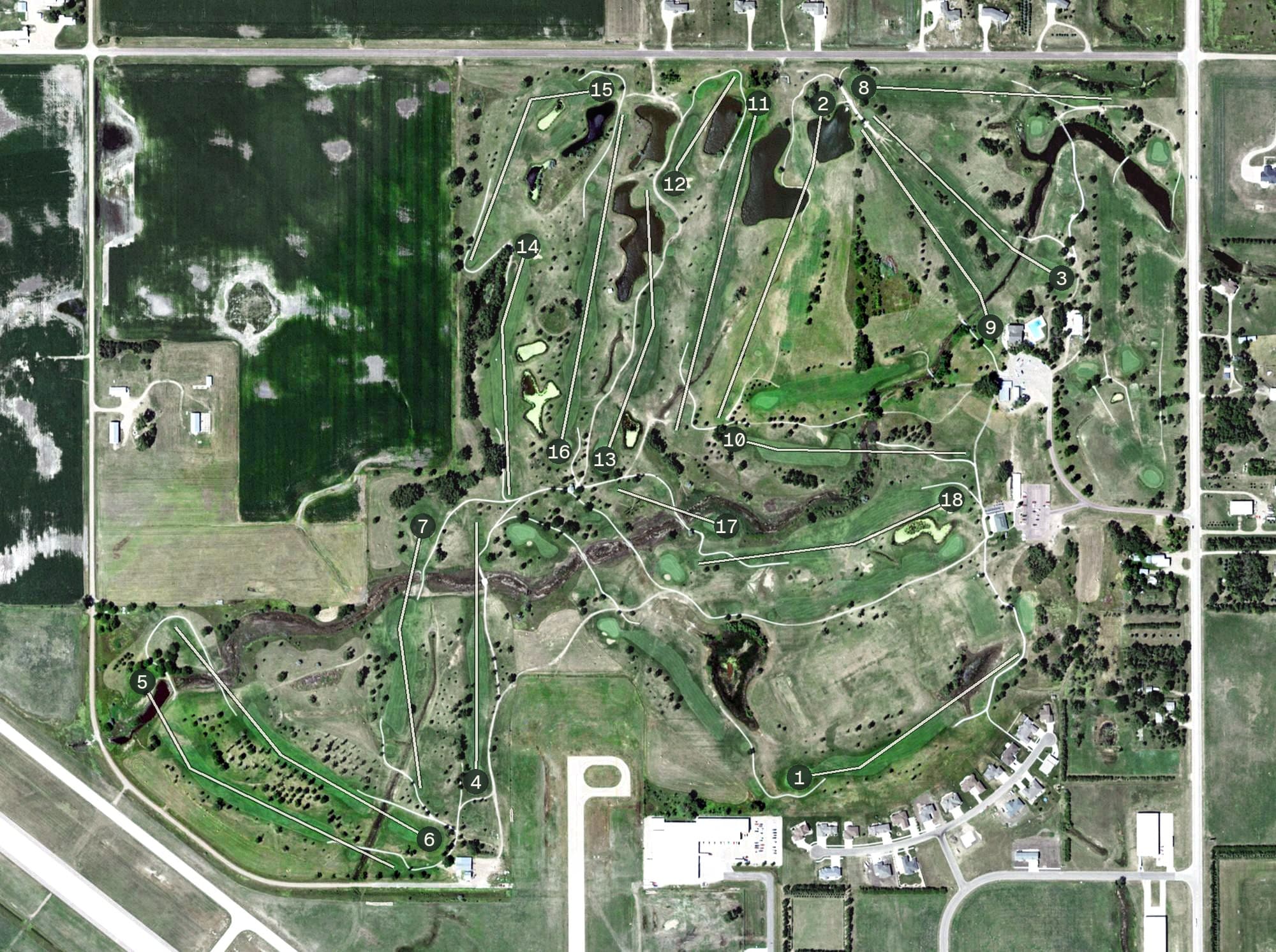 Aerial view of Broadland Creek National Golf Course, SD, with its hole routing marked