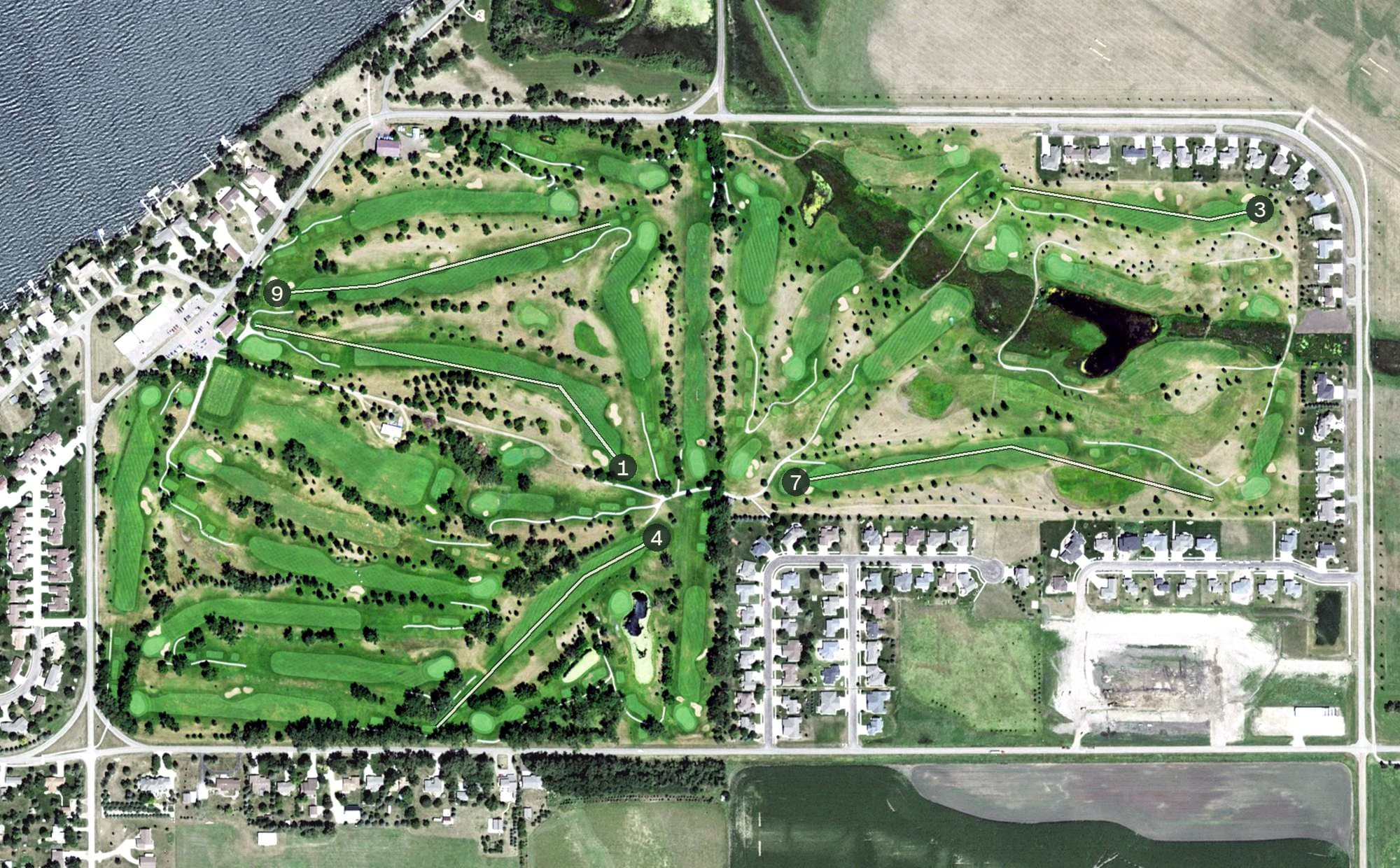 Aerial view of Cattail Crossing Golf Course, SD, with its hole routing marked