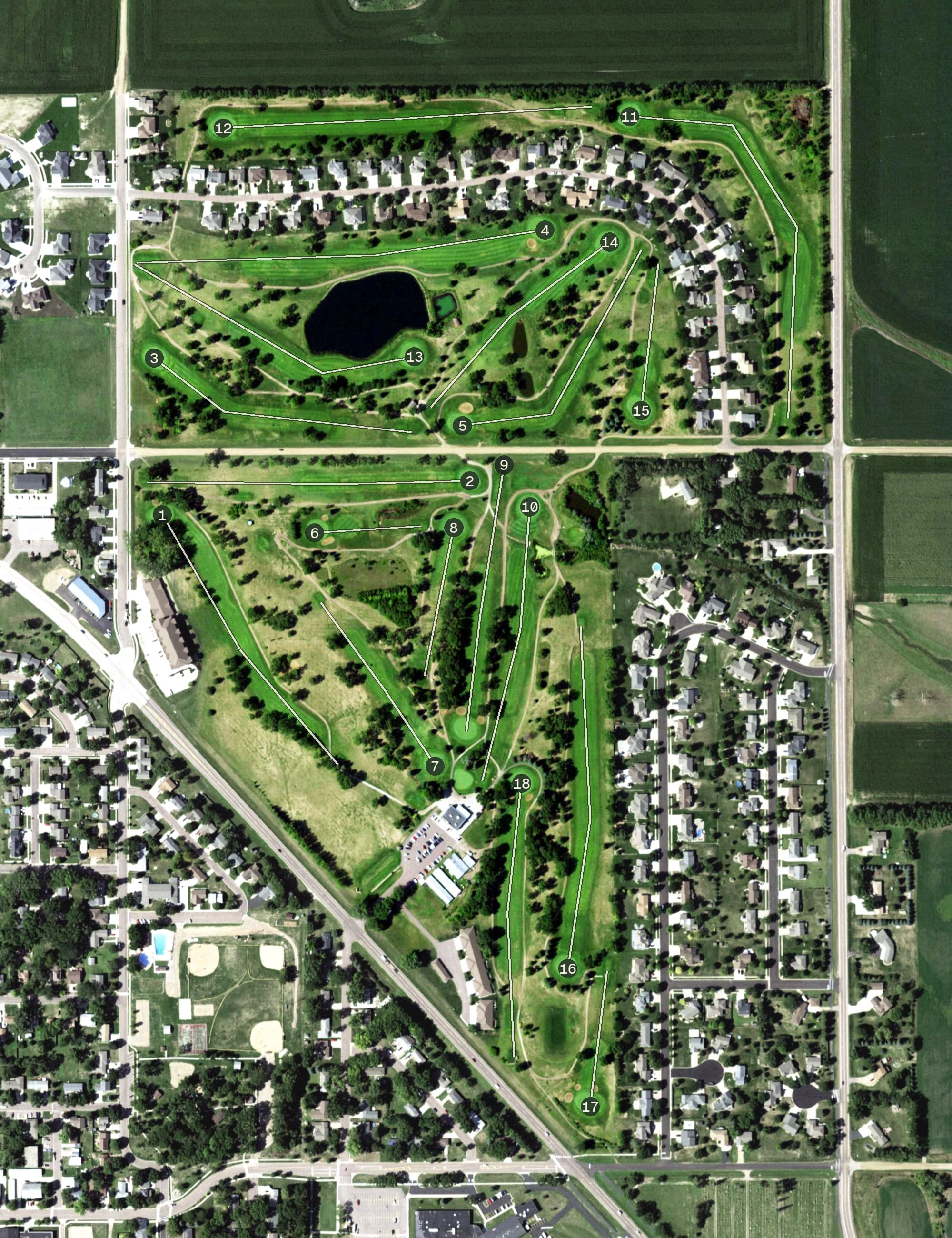 Aerial view of Central Valley Golf Club, SD, with its hole routing marked