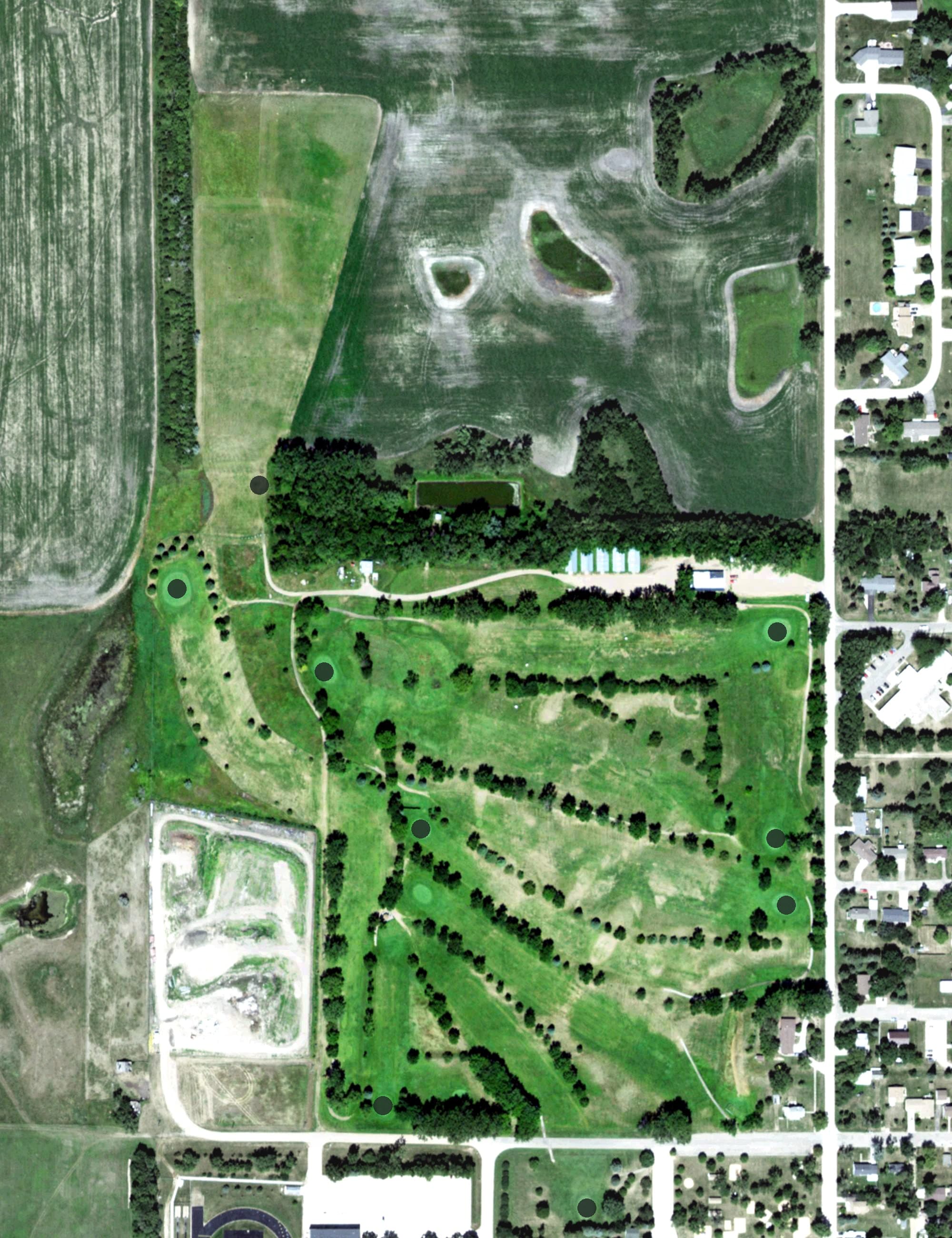 Aerial view of Clark Golf Course, SD, with its hole routing marked