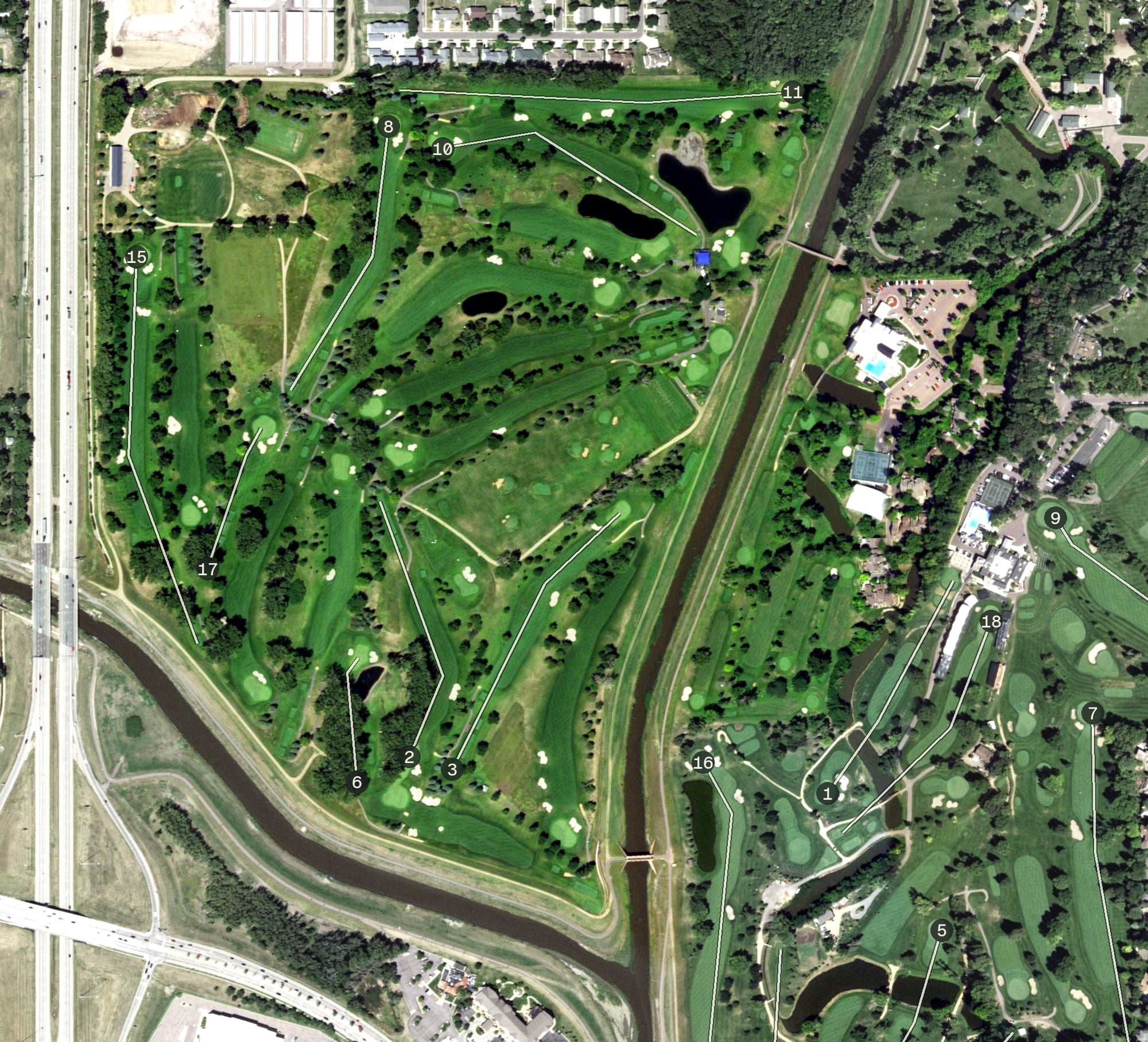 Aerial view of Country Club of Sioux Falls, SD, with its hole routing marked