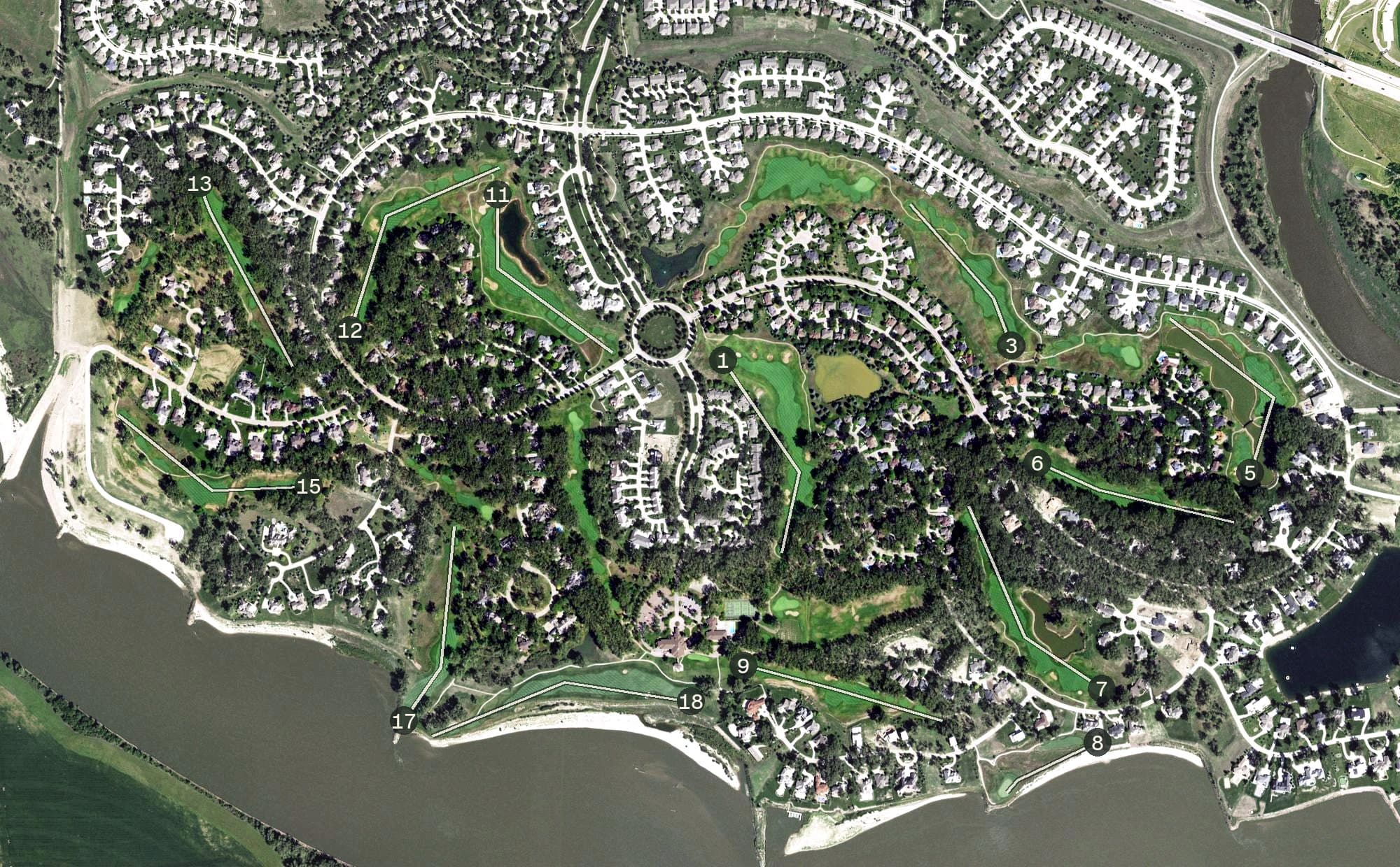 Aerial view of Dakota Dunes Country Club, SD, with its hole routing marked