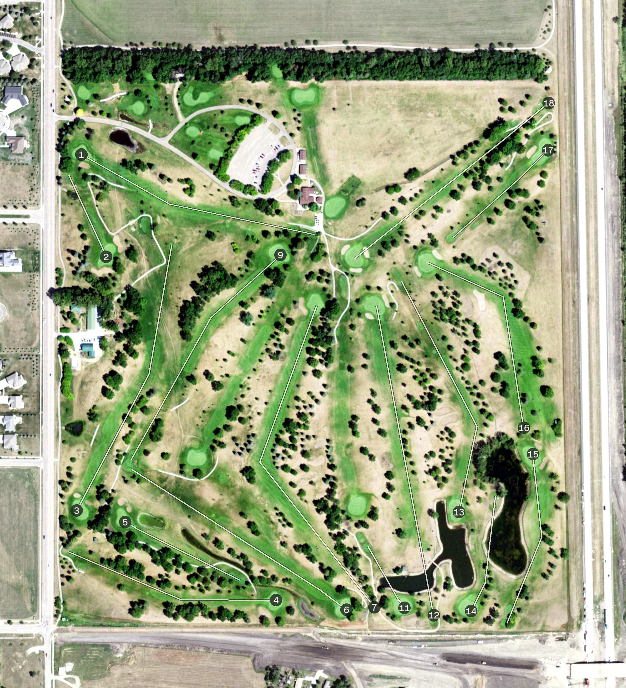 Aerial view of EdgeBrook Golf Course, SD, with its hole routing marked