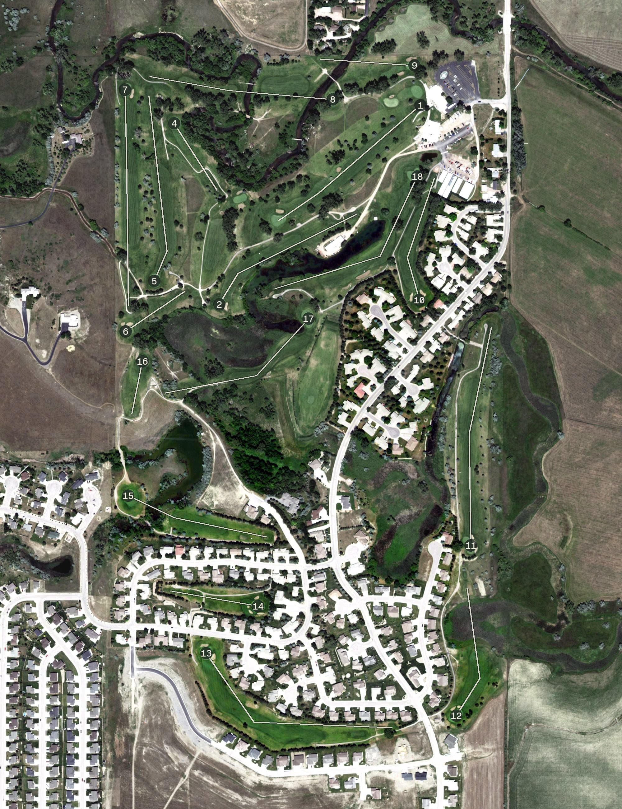 Aerial view of Elks Golf Course, SD, with its hole routing marked