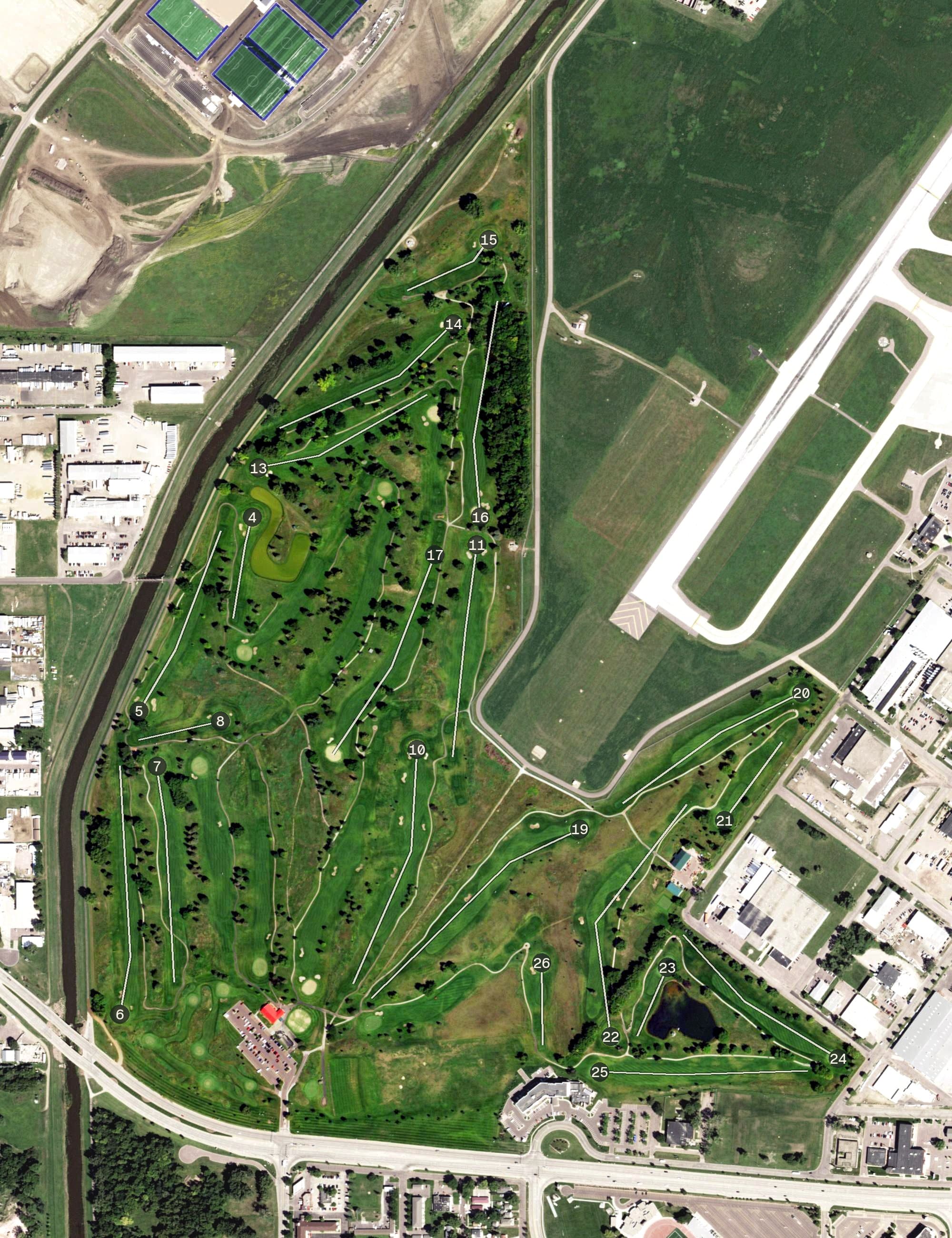 Aerial view of Elmwood Golf Course, SD, with its hole routing marked