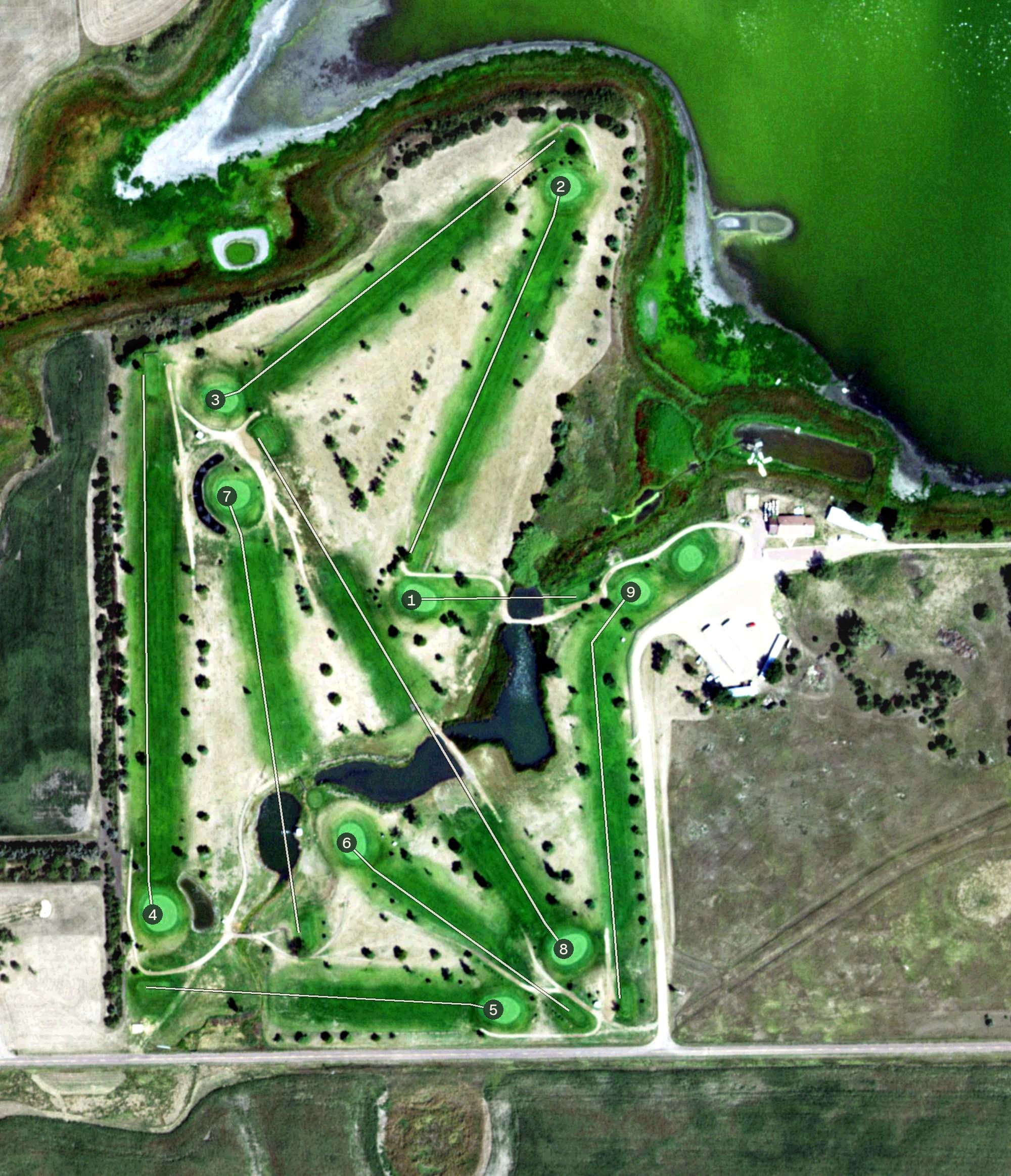 Aerial view of Fish Lake Country Club, SD, with its hole routing marked