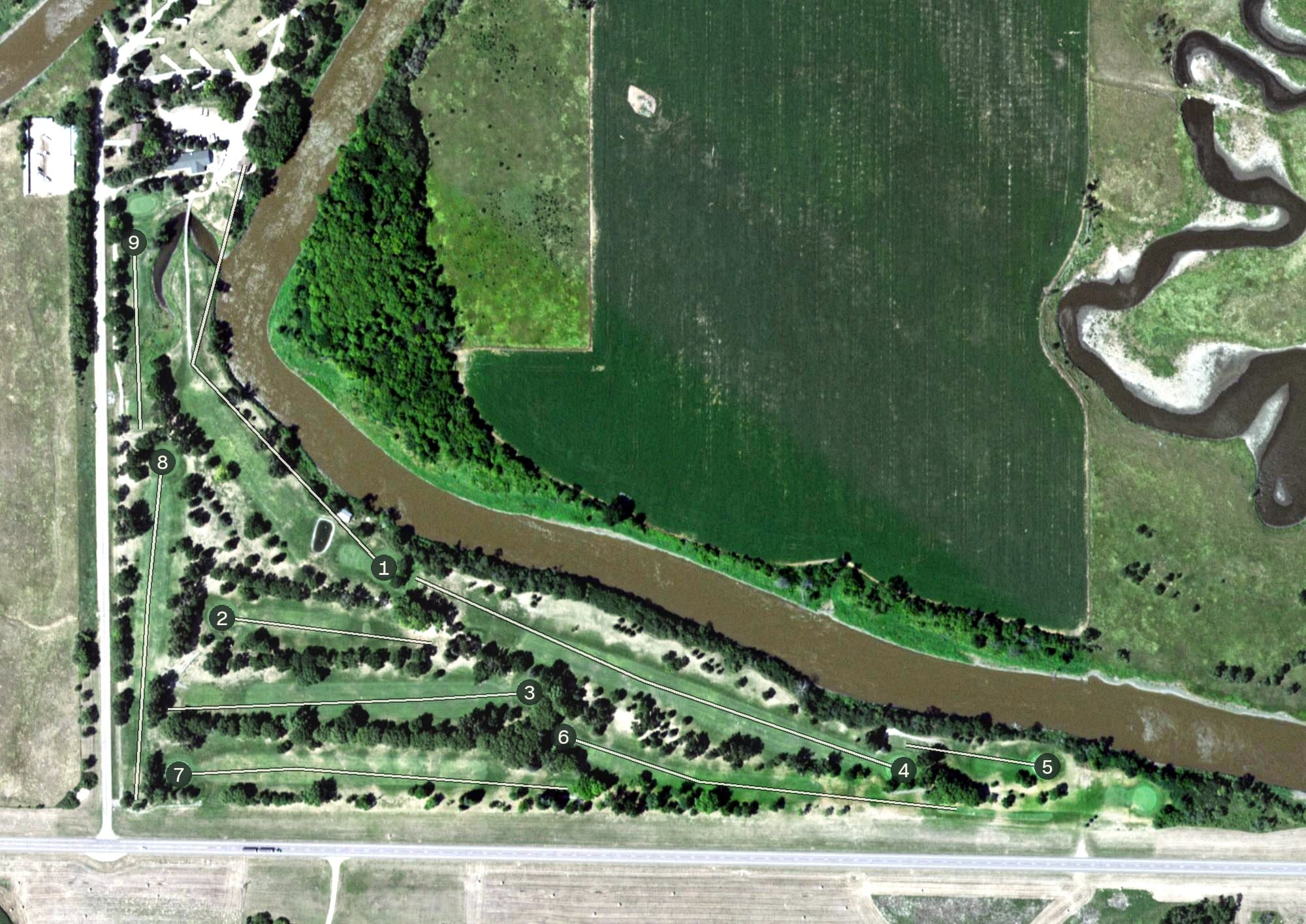 Aerial view of Fisher Grove Country Club, SD, with its hole routing marked
