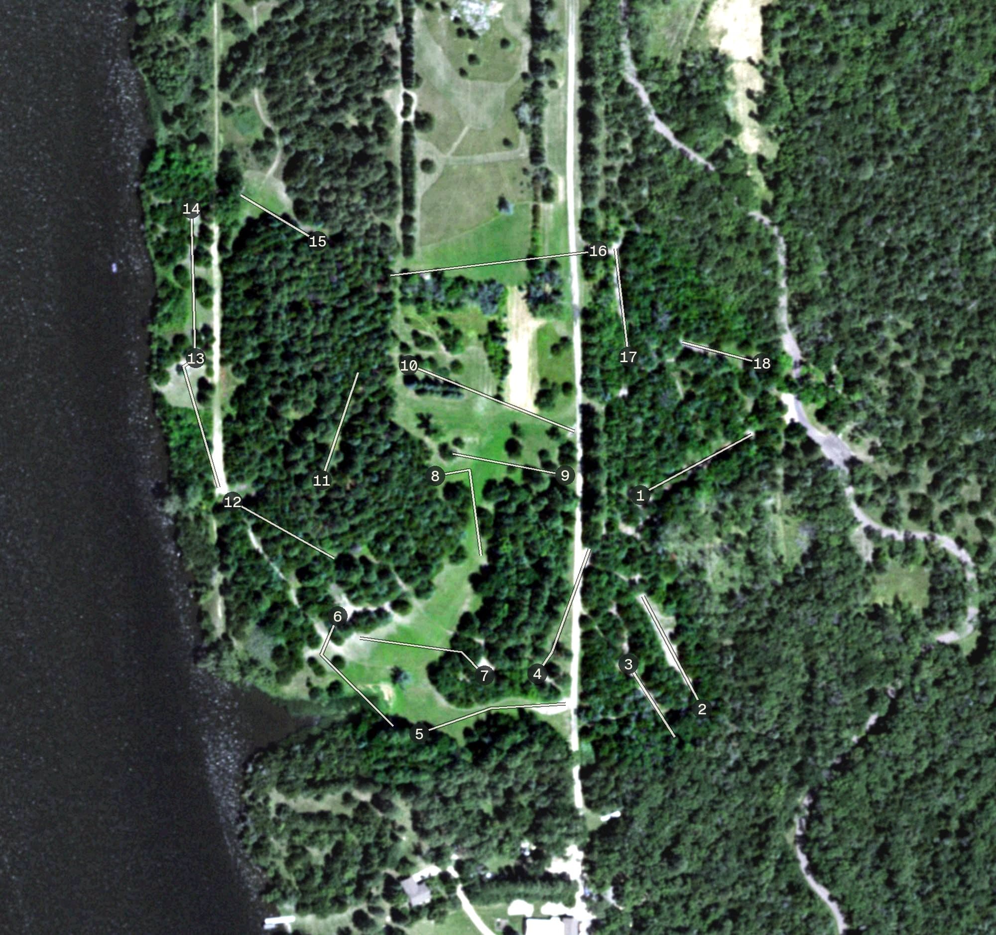 Aerial view of Forest Drive Disc Golf Course, SD, with its hole routing marked